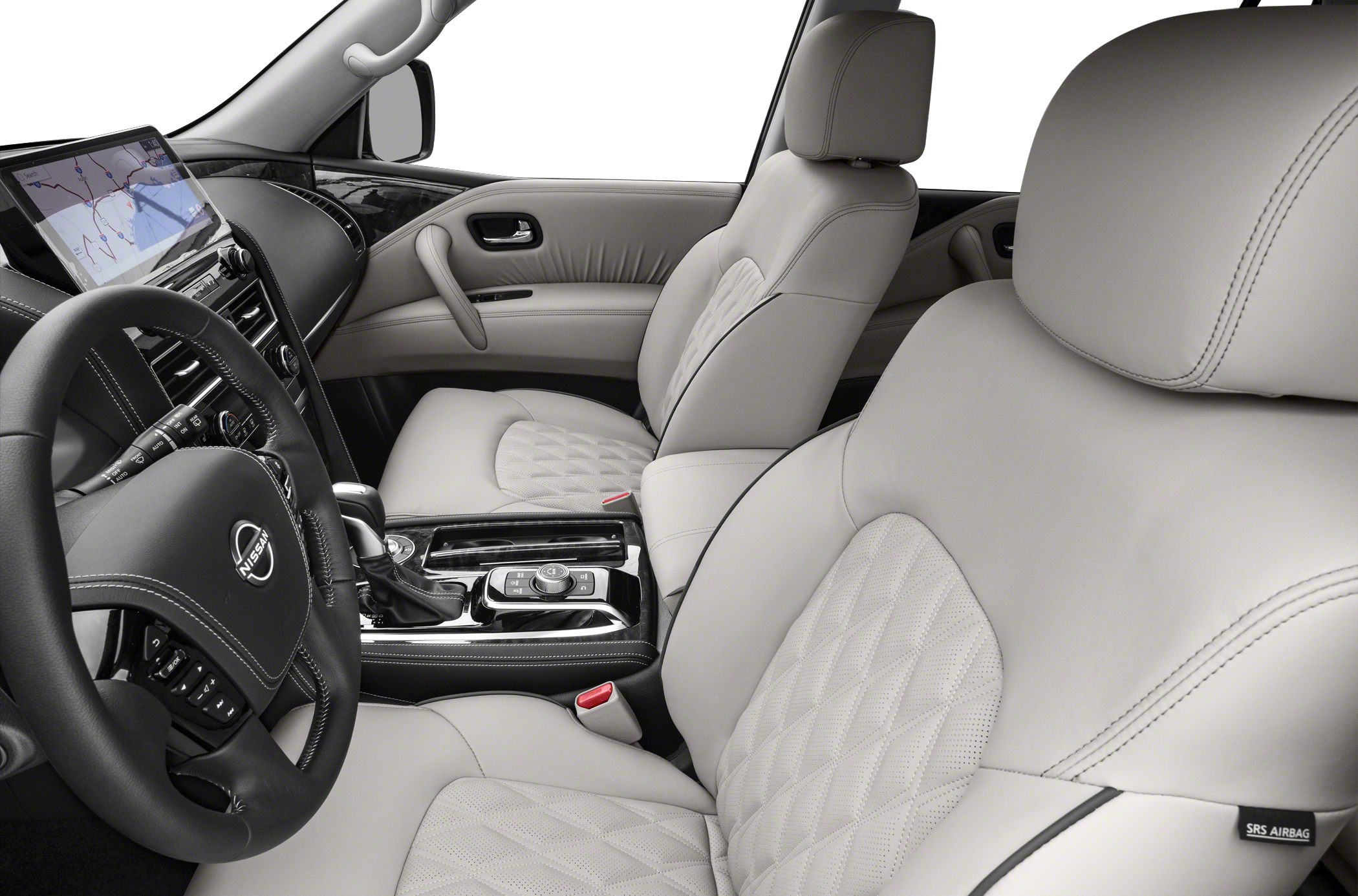 Luxury quilted leather seats and modern dashboard with navigation screen