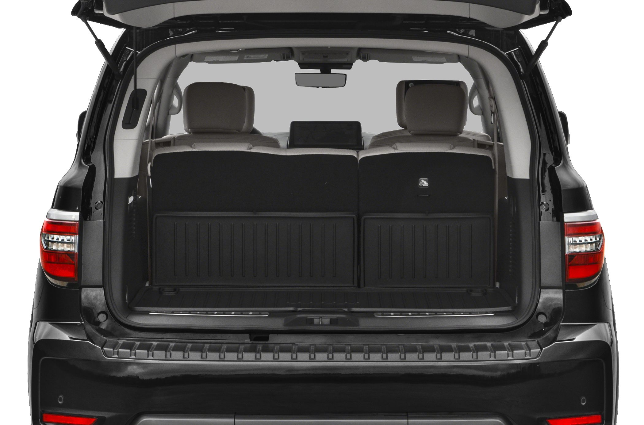 Rear open tailgate with cargo space and rear seats of an SUV