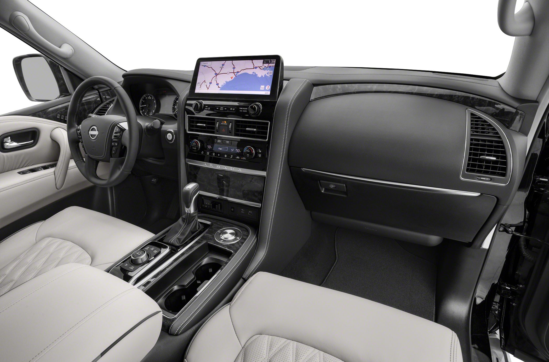 Luxury SUV interior with touchscreen navigation and modern dashboard