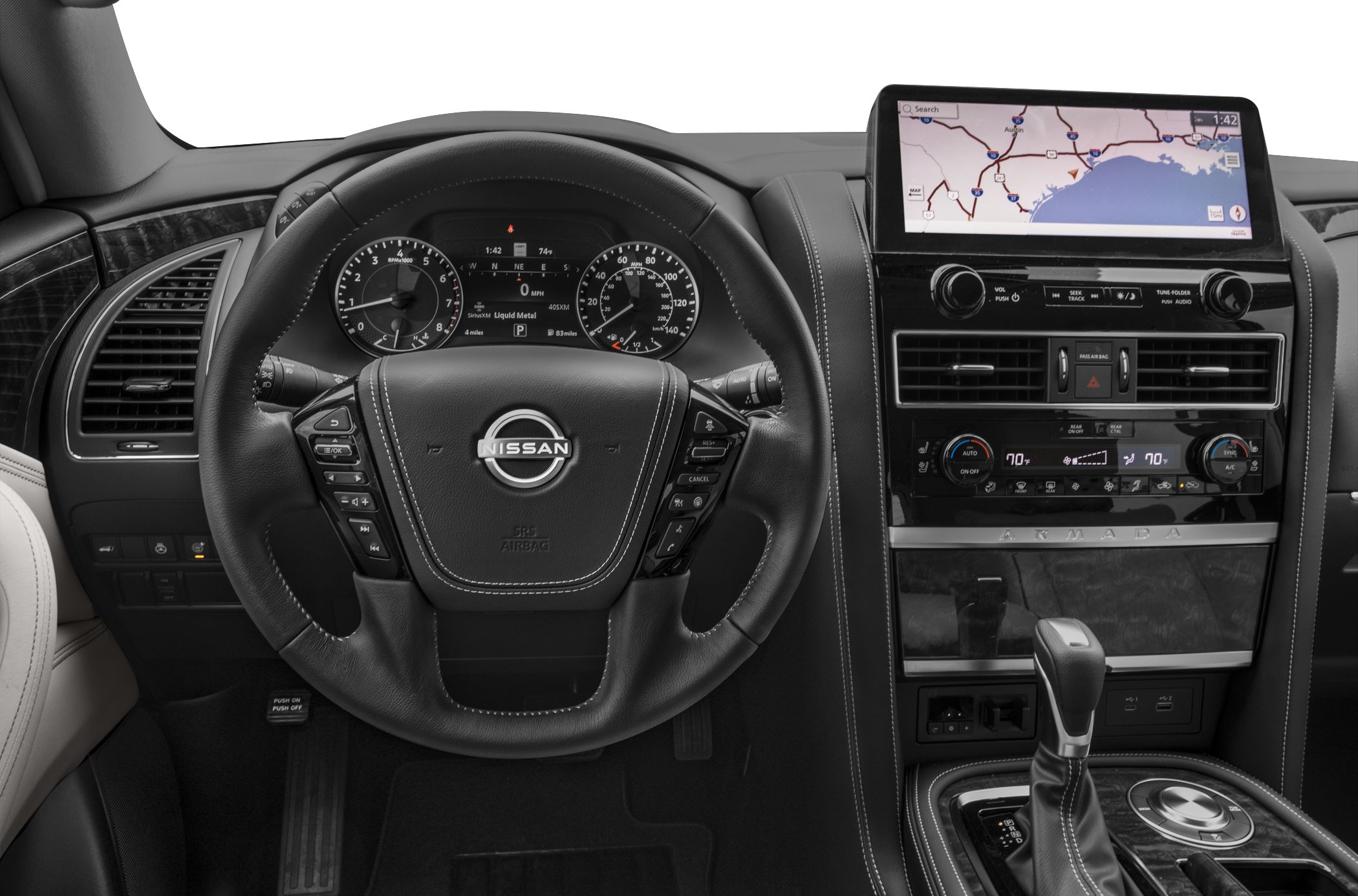 Multi-function steering wheel, digital instrument cluster and infotainment navigation screen.