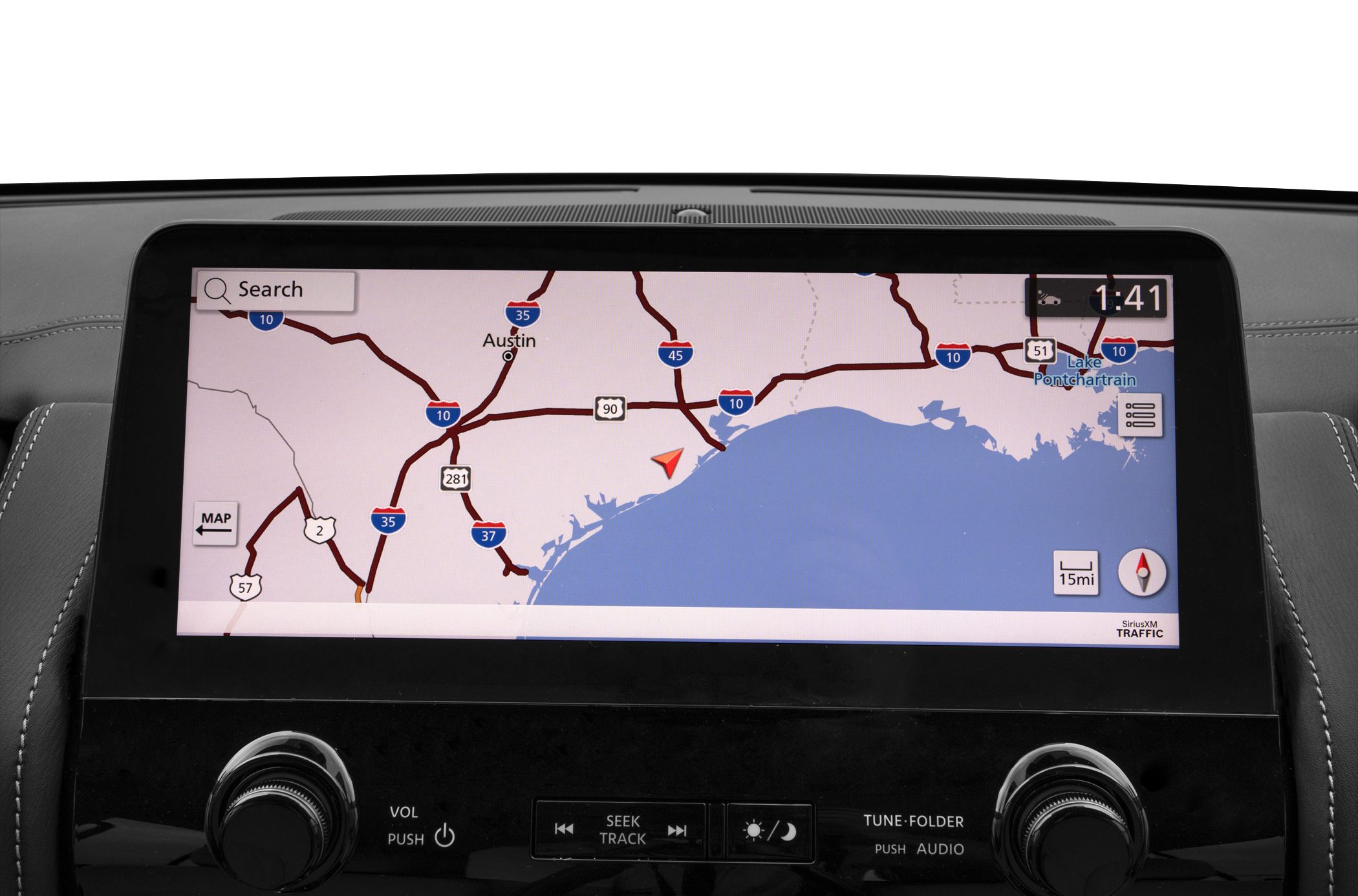Car infotainment system showcasing navigation map and controls