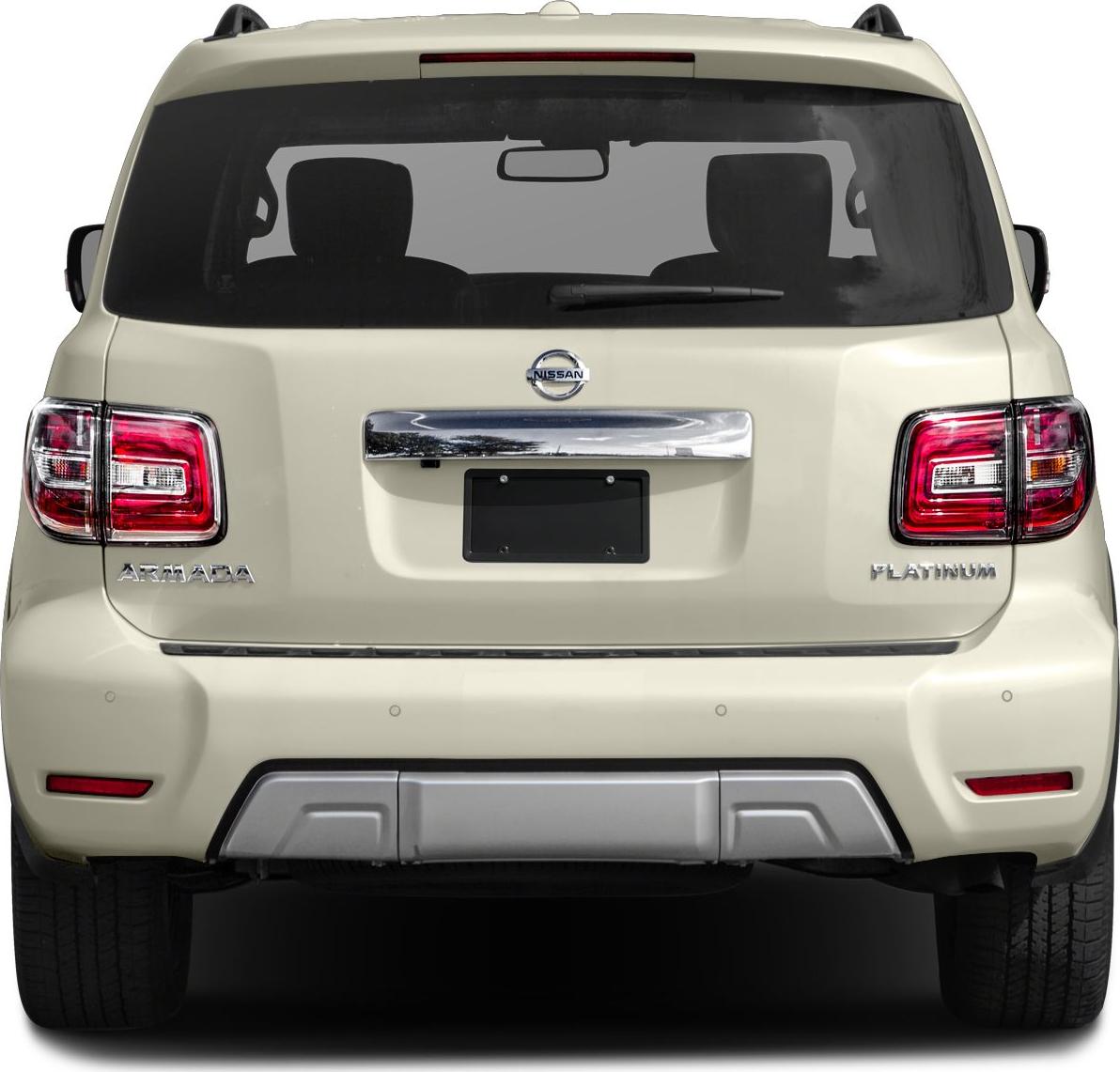 Rear view with distinct taillights and rear windshield of a large SUV.