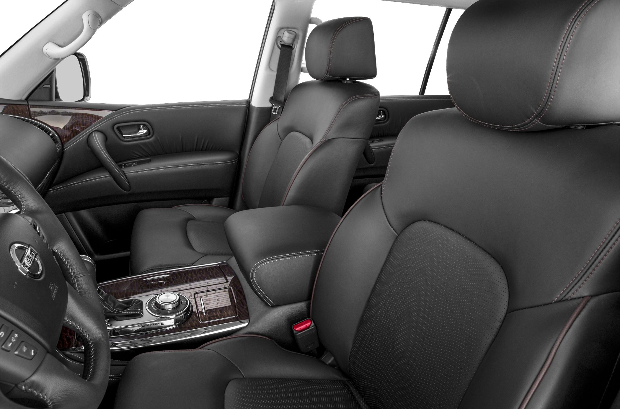 Leather seats with wood-grain center console and armrest