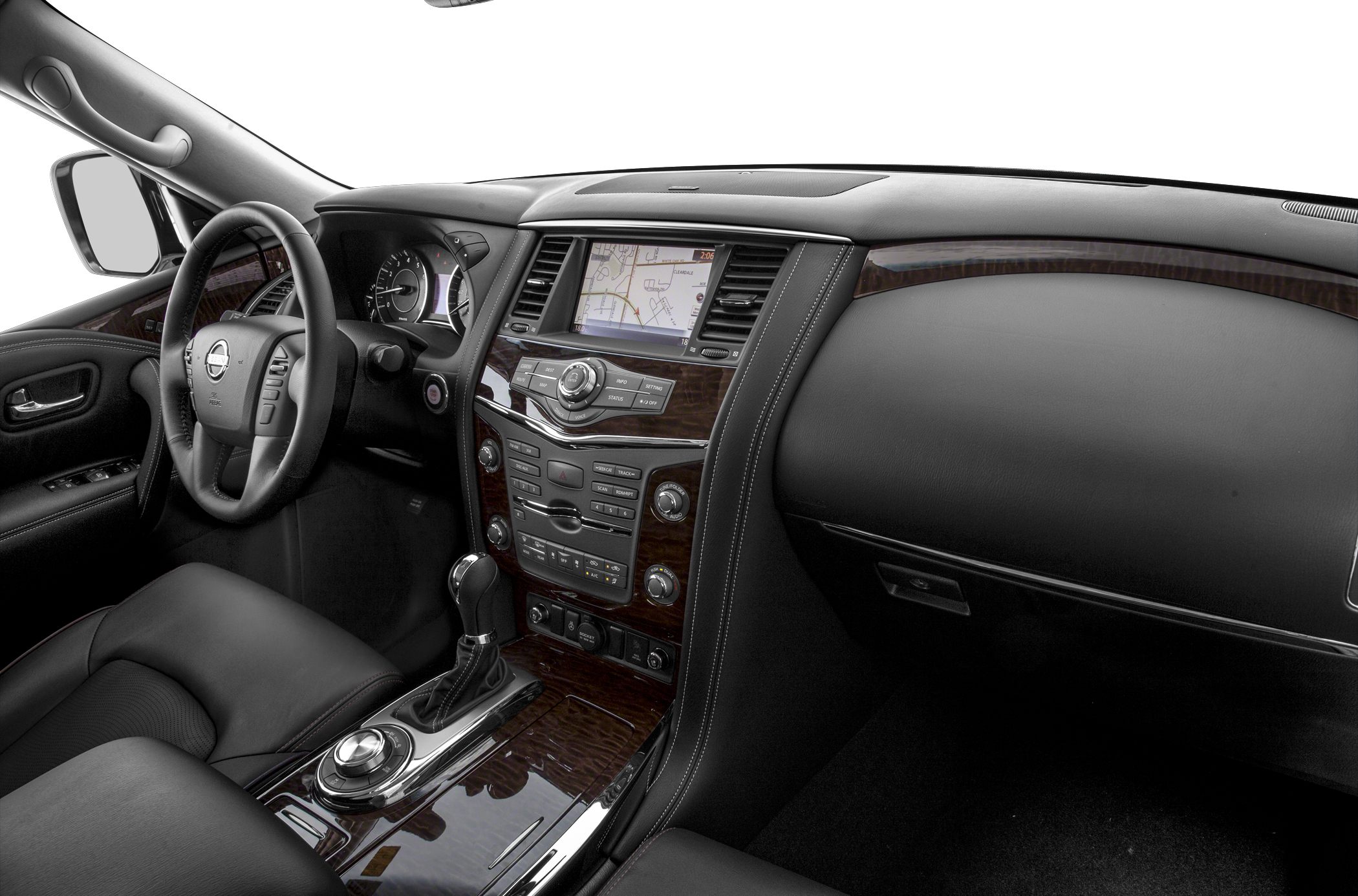 Wood-trimmed dashboard with central controls and leather seating