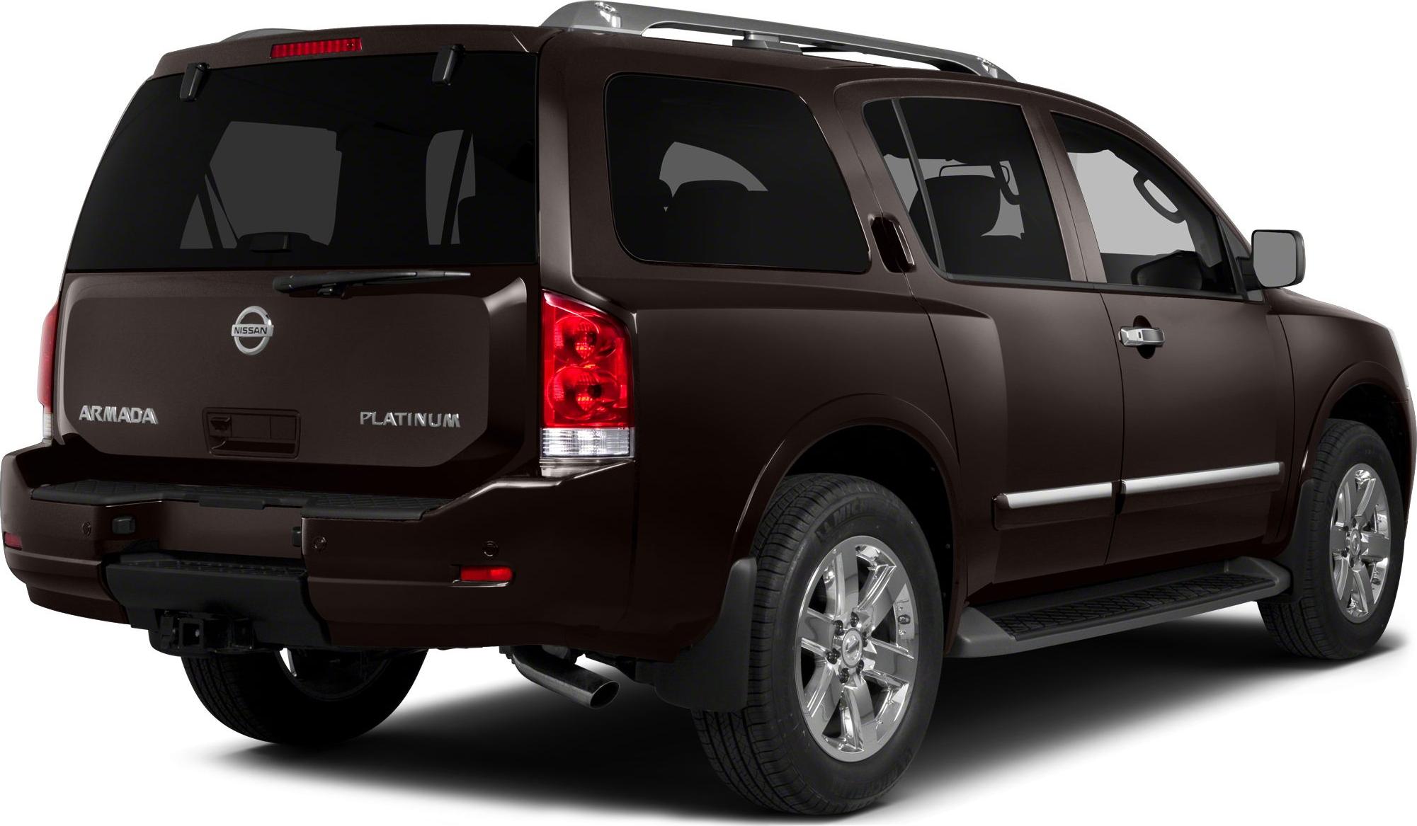 Rear and side view of large SUV with roof rack and chrome wheels