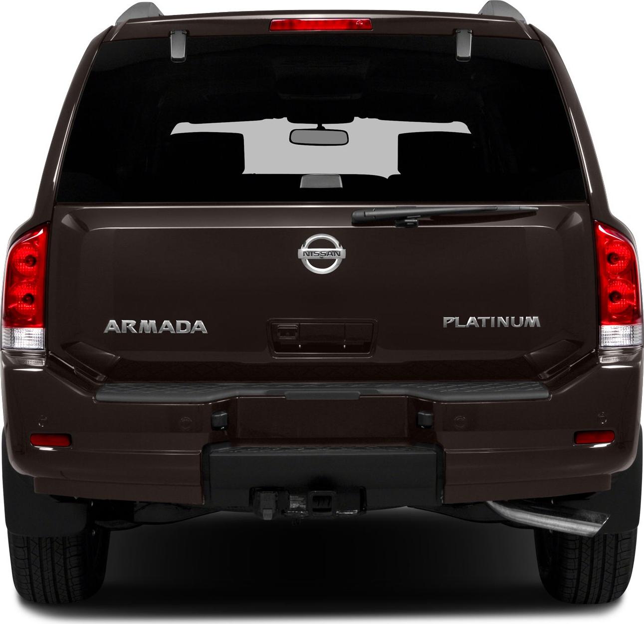 Rear view of SUV with tailgate, rear lights, exhaust, and towing hitch