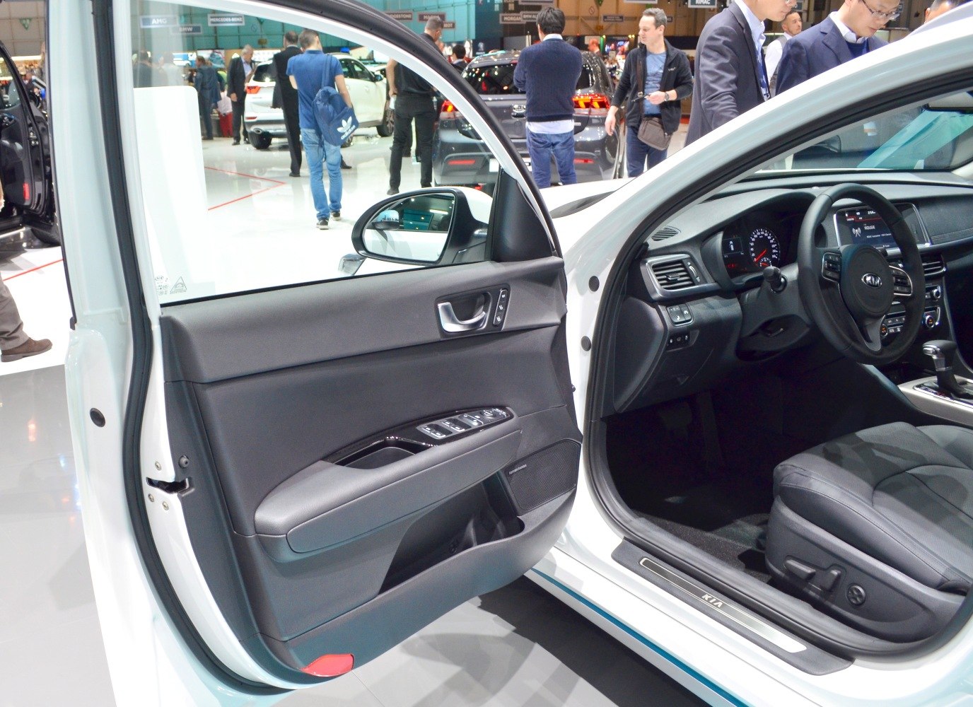 Driver door panel and car interior cockpit with steering wheel and controls