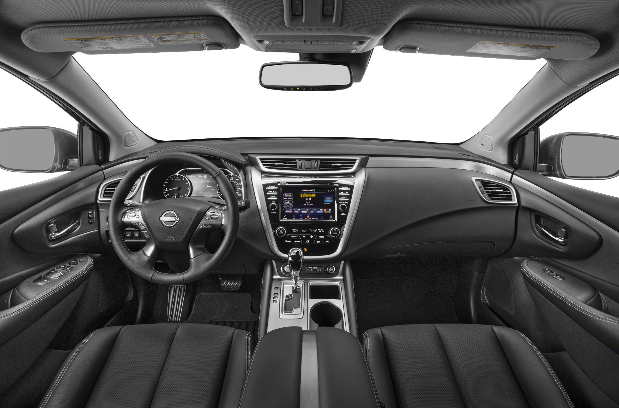 Modern car interior with dashboard, steering wheel, and center console.