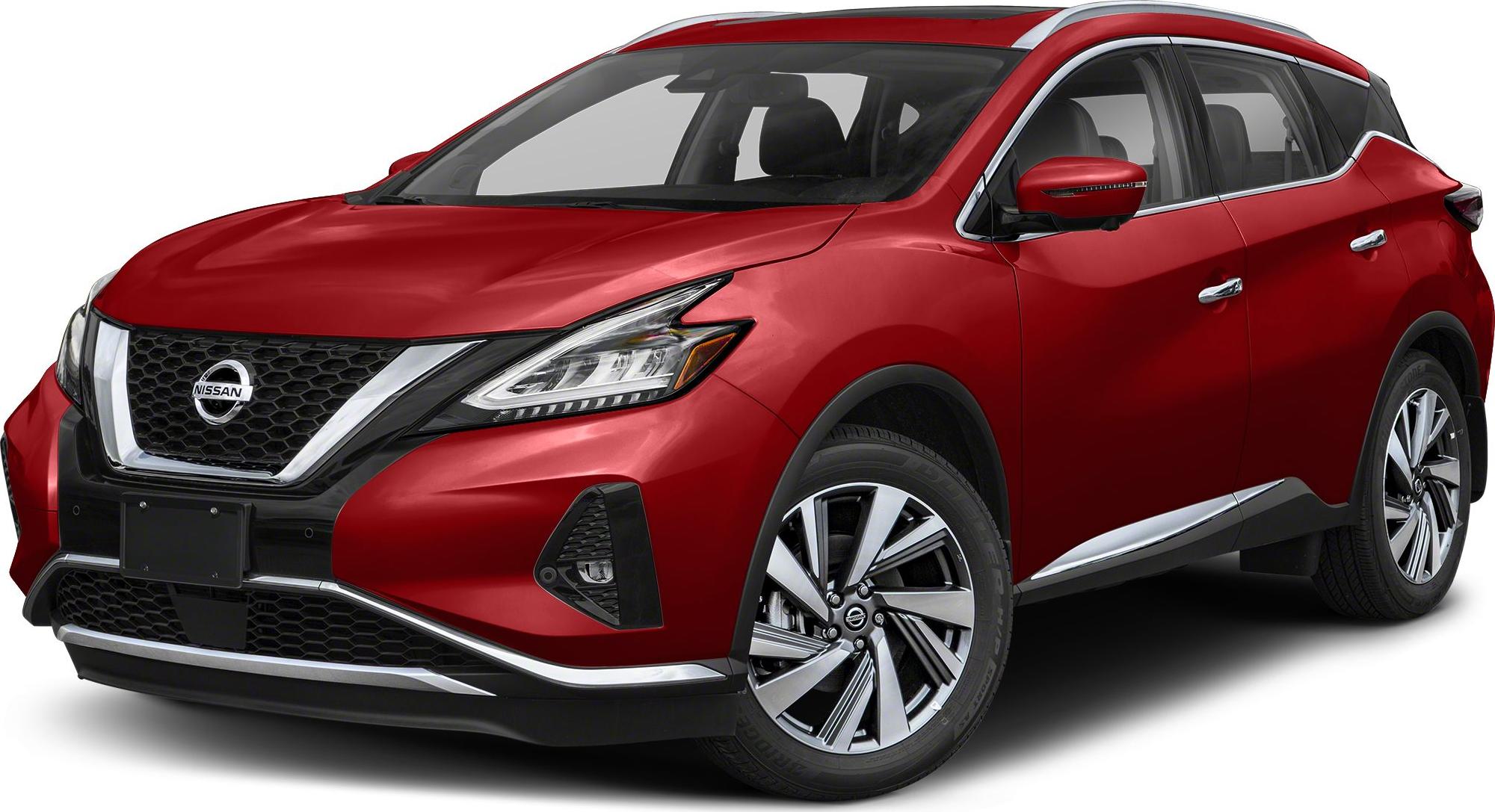 Front and side view of red SUV with chrome accents and modern headlights
