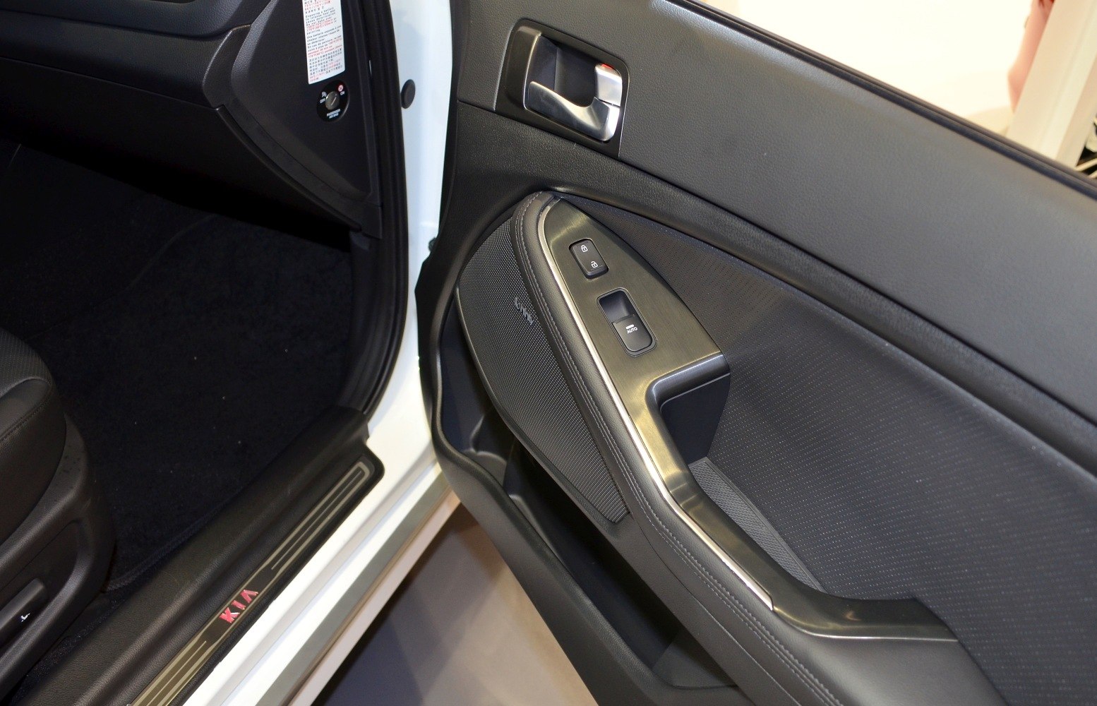 Car interior door panel with window and lock controls