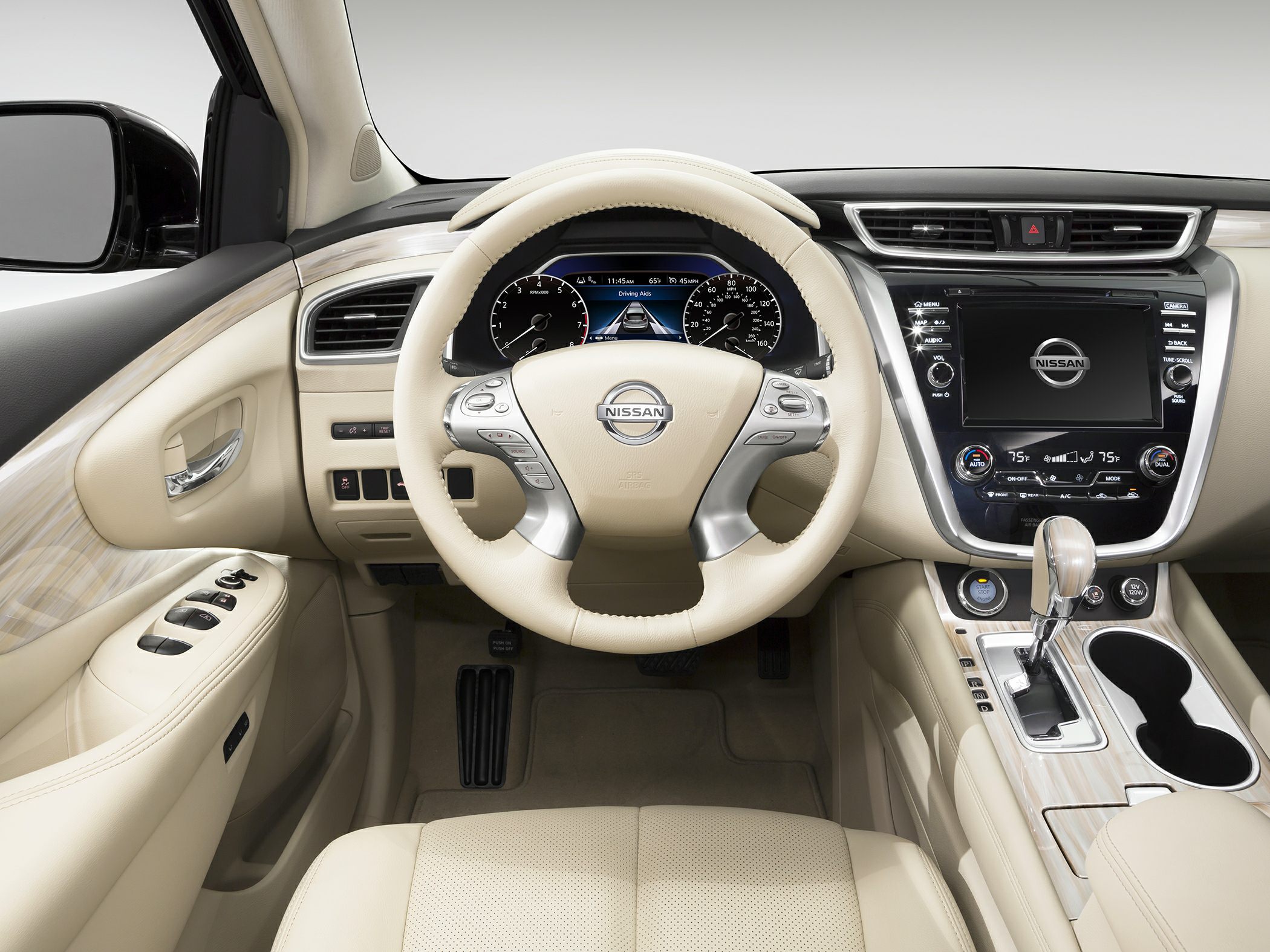 Beige steering wheel and digital dashboard with center console