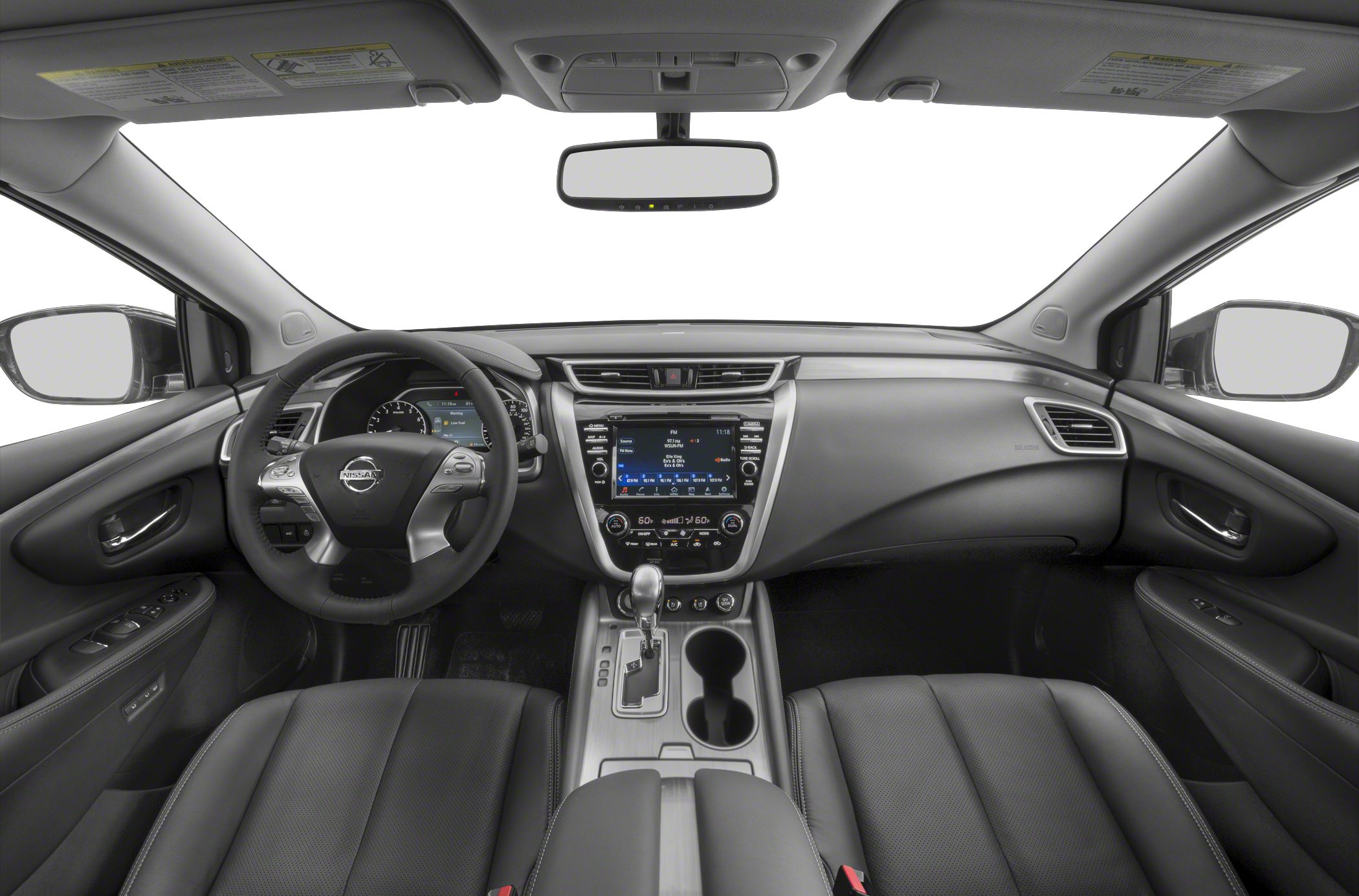 Car interior with dashboard, steering wheel, and central touchscreen console