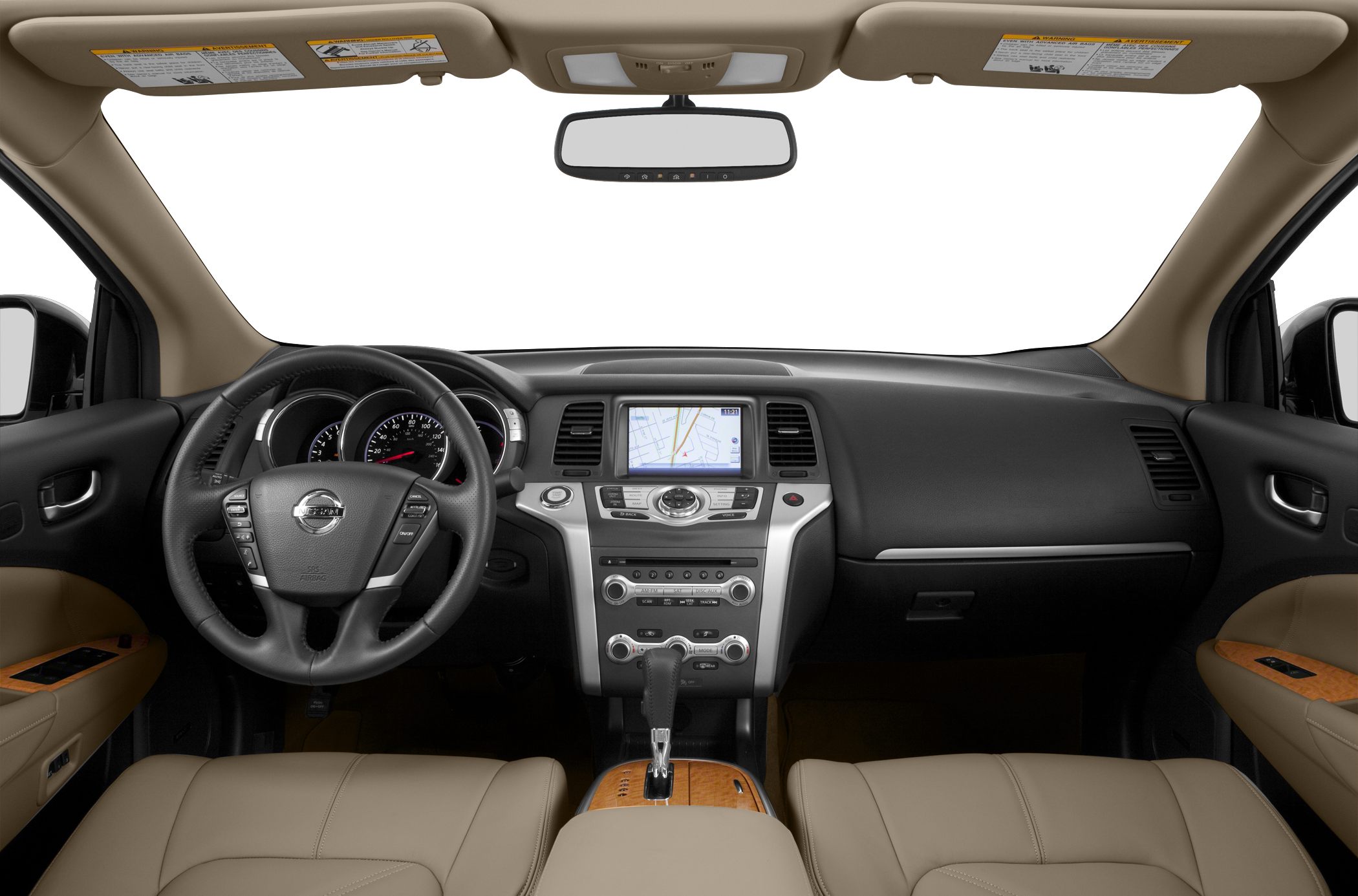 Dashboard with navigation screen and multifunction steering wheel.