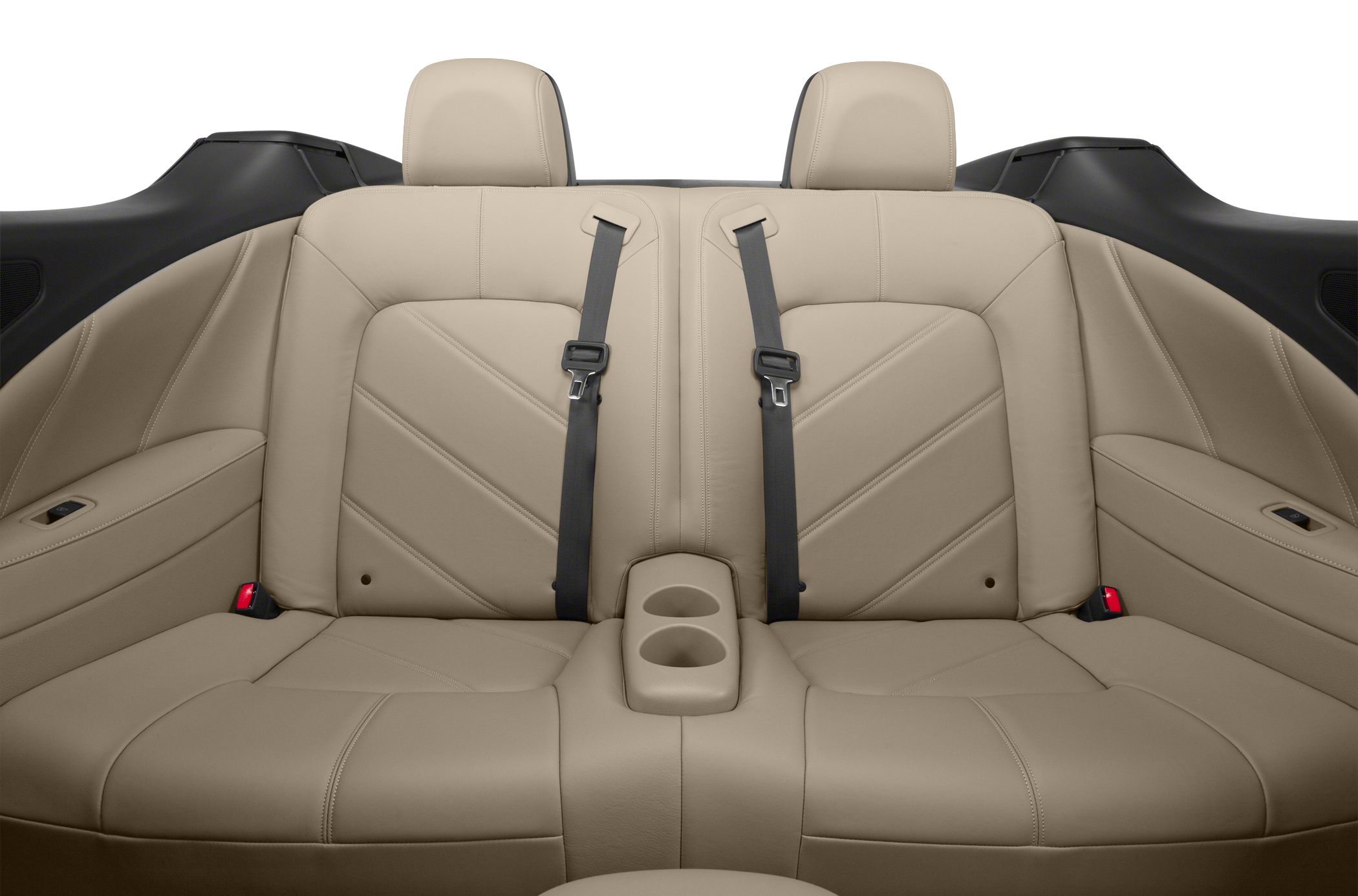Beige leather rear seats with seatbelts, headrests, and cup holders in convertible setup