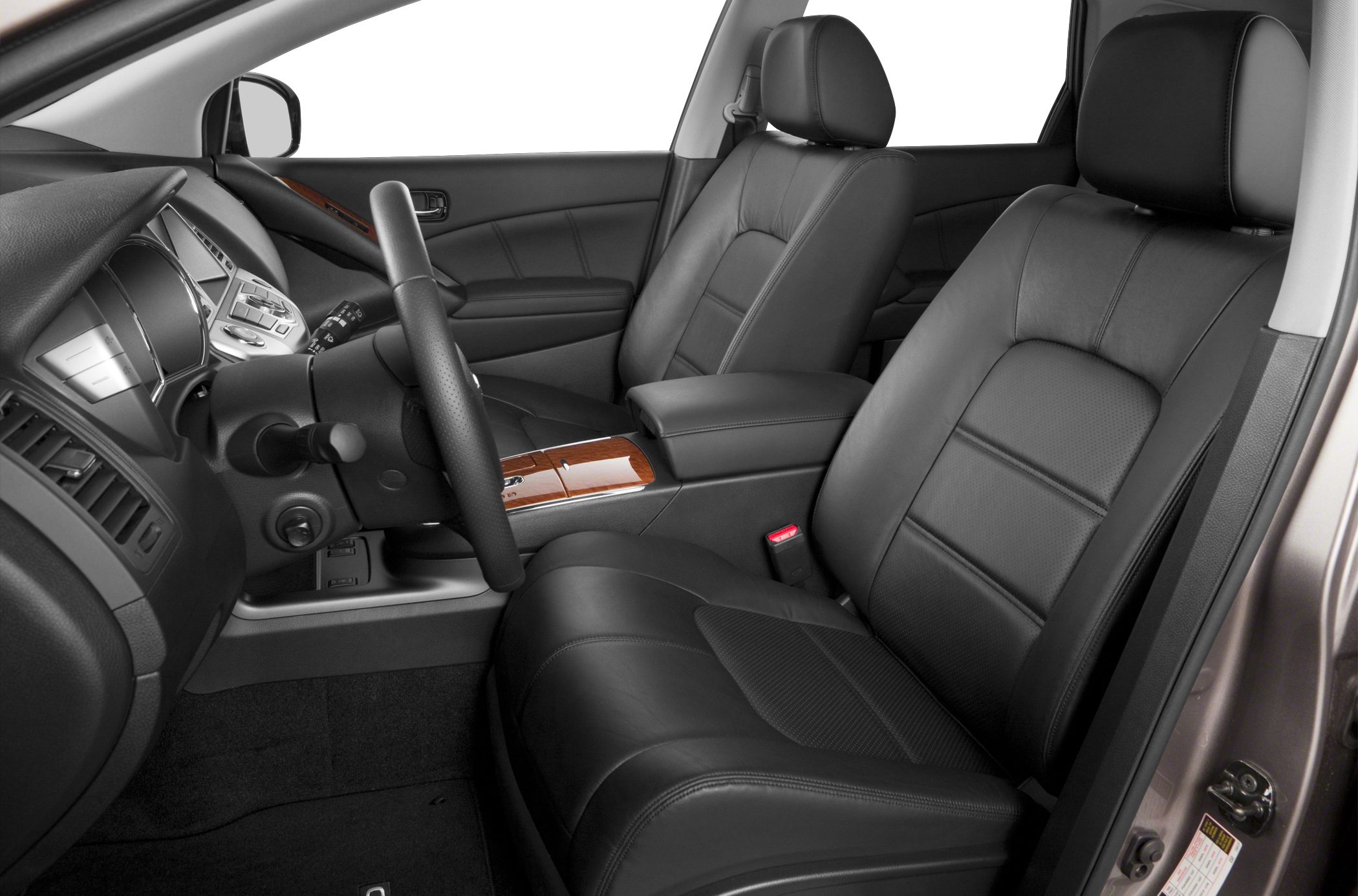 Black leather front seats with wood trim center console