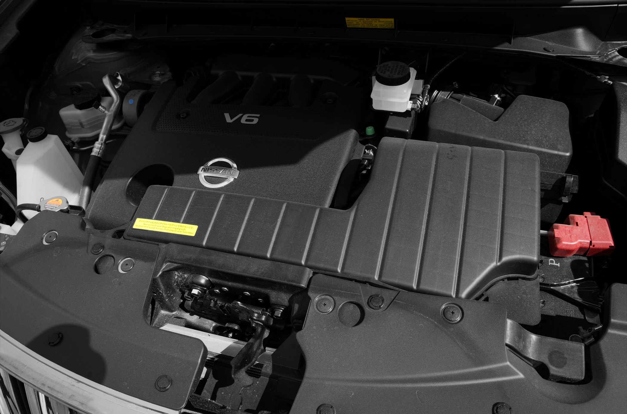 V6 engine bay with Nissan badge and surrounding components