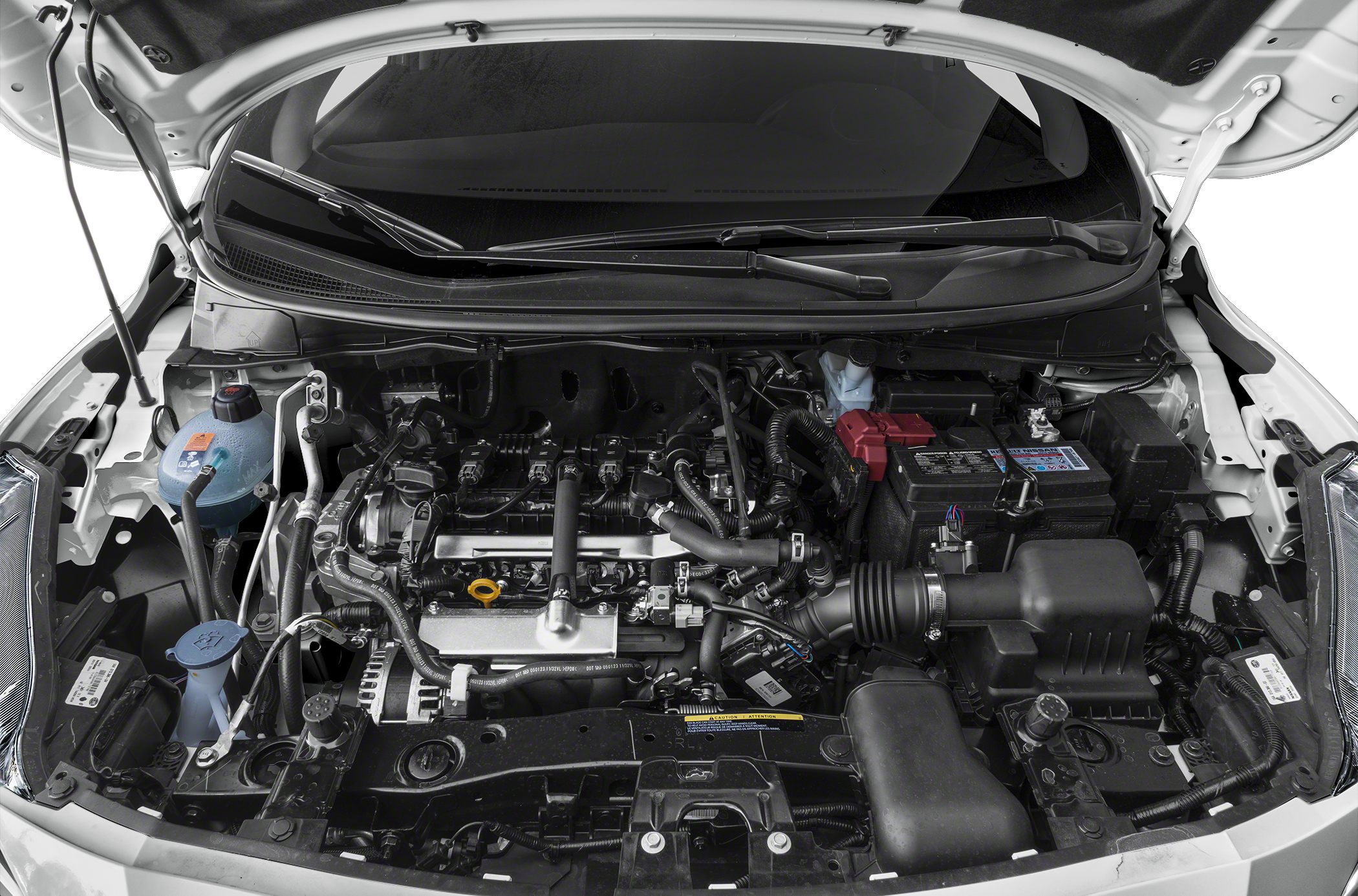 Engine bay with visible components and battery layout