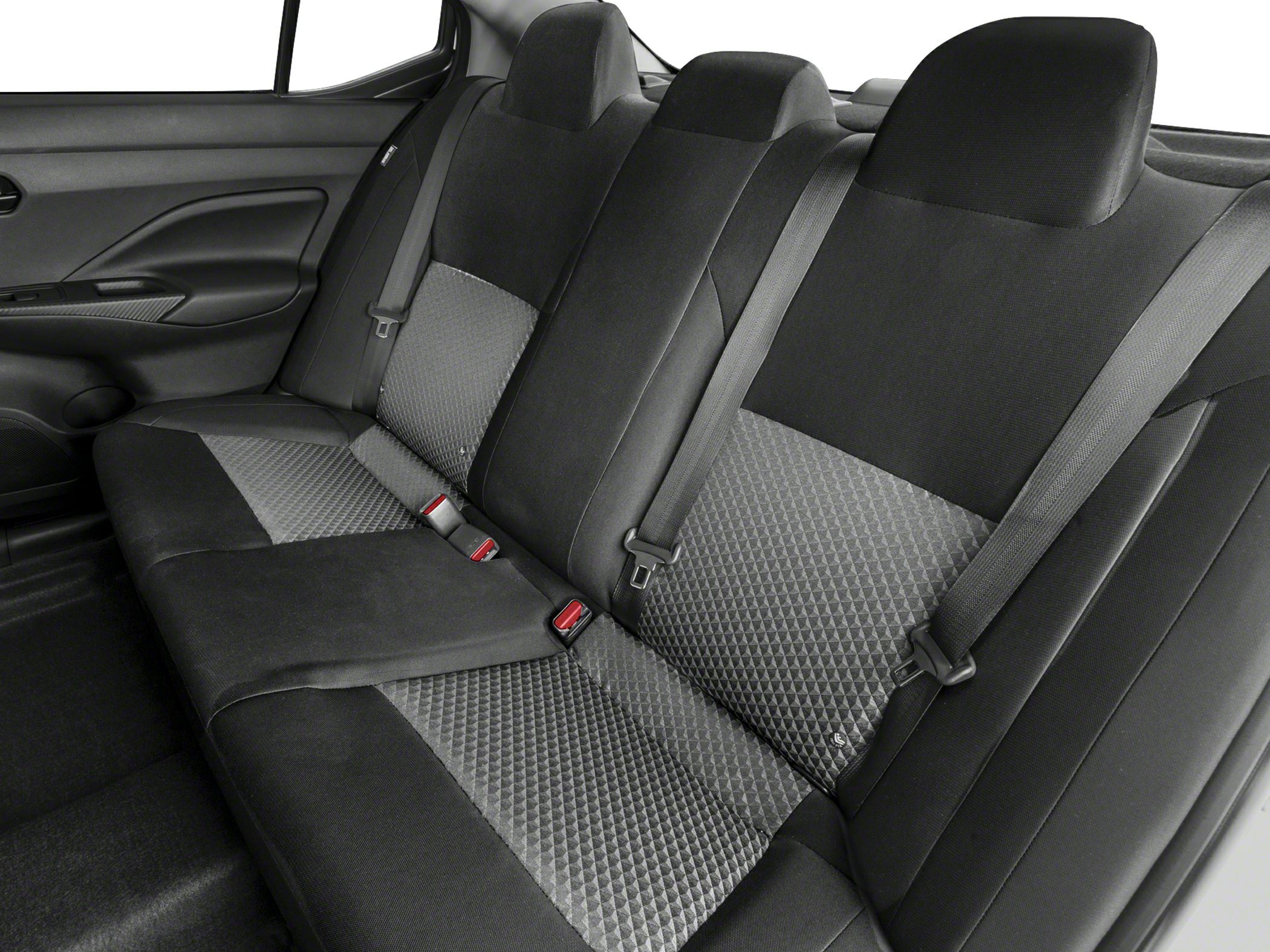 Rear seat with textured fabric upholstery and integrated seat belts
