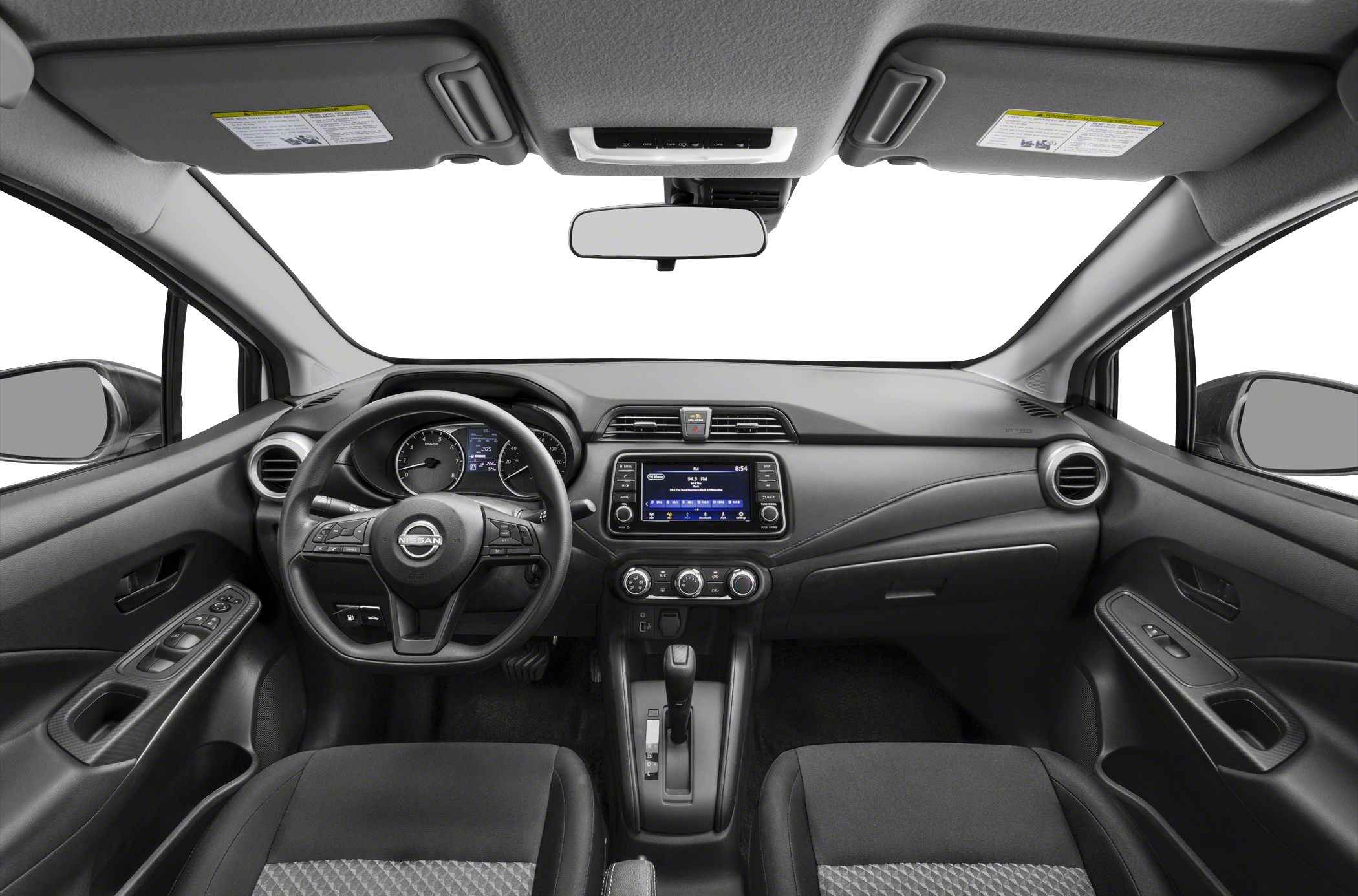 Modern vehicle interior with steering wheel, touchscreen, and control panel.