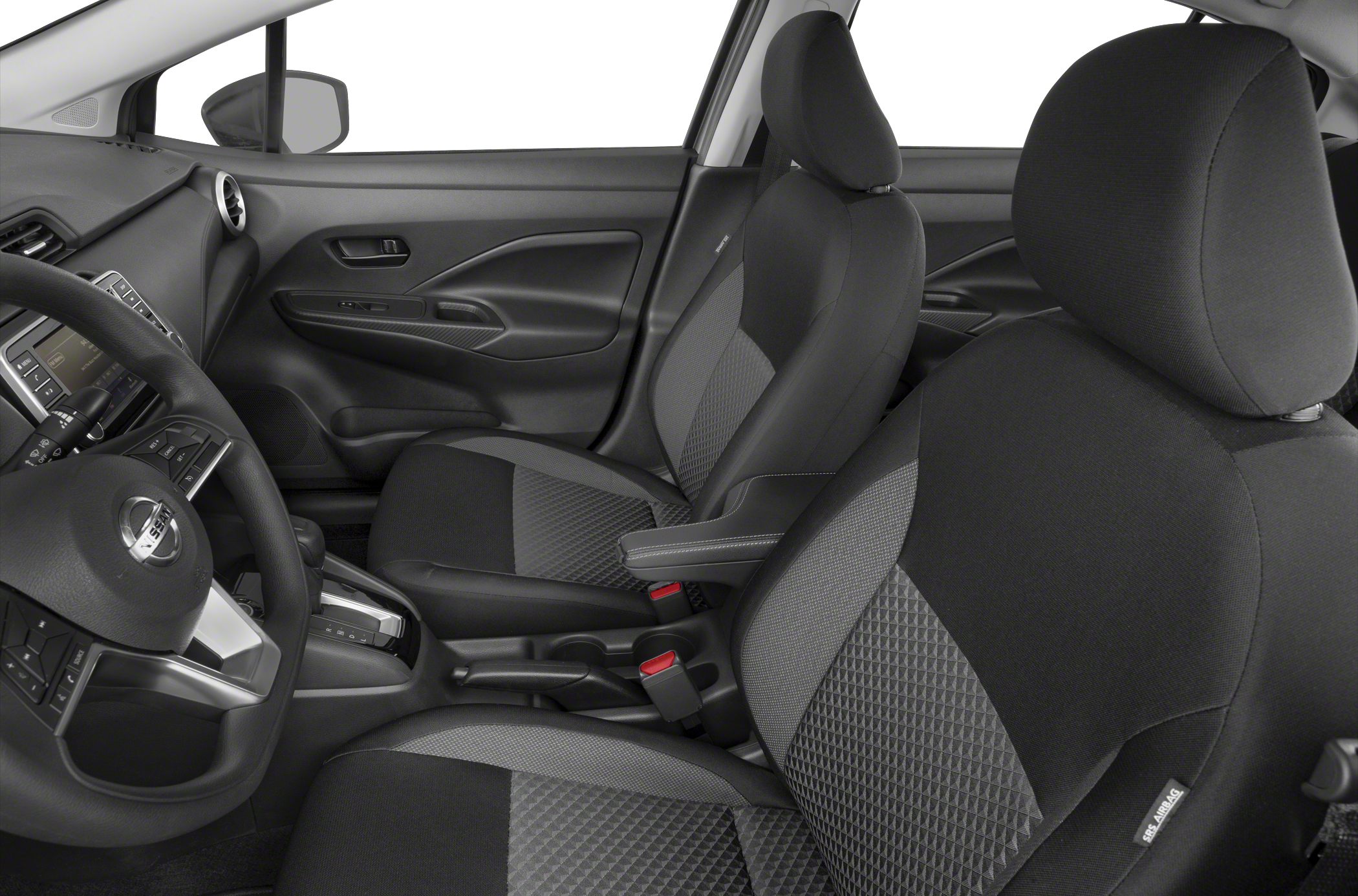 Front seats and dashboard with steering wheel in compact car interior