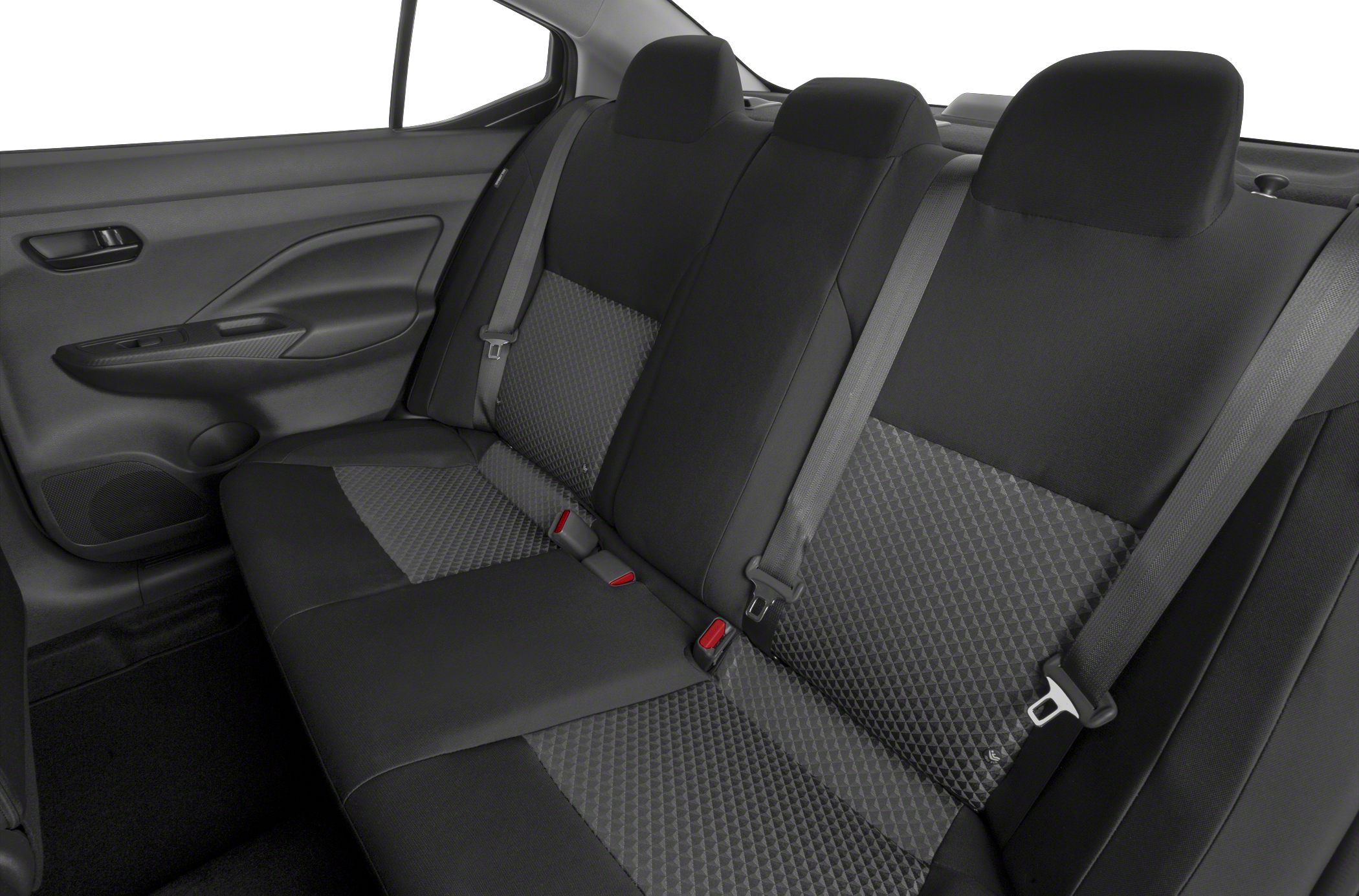 Rear seat interior with patterned upholstery and seat belts