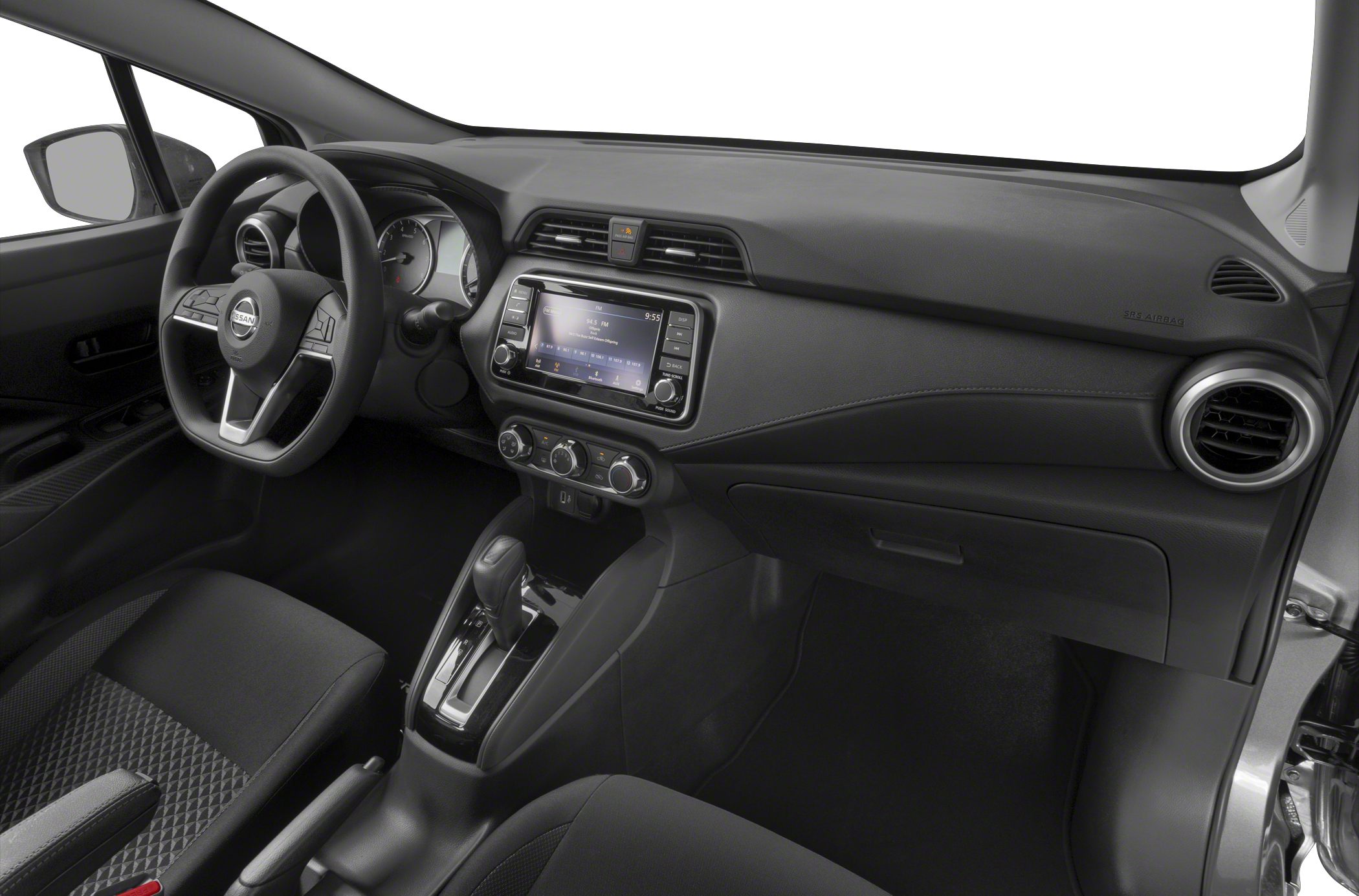 Car interior with dashboard, steering wheel, infotainment, and gear lever