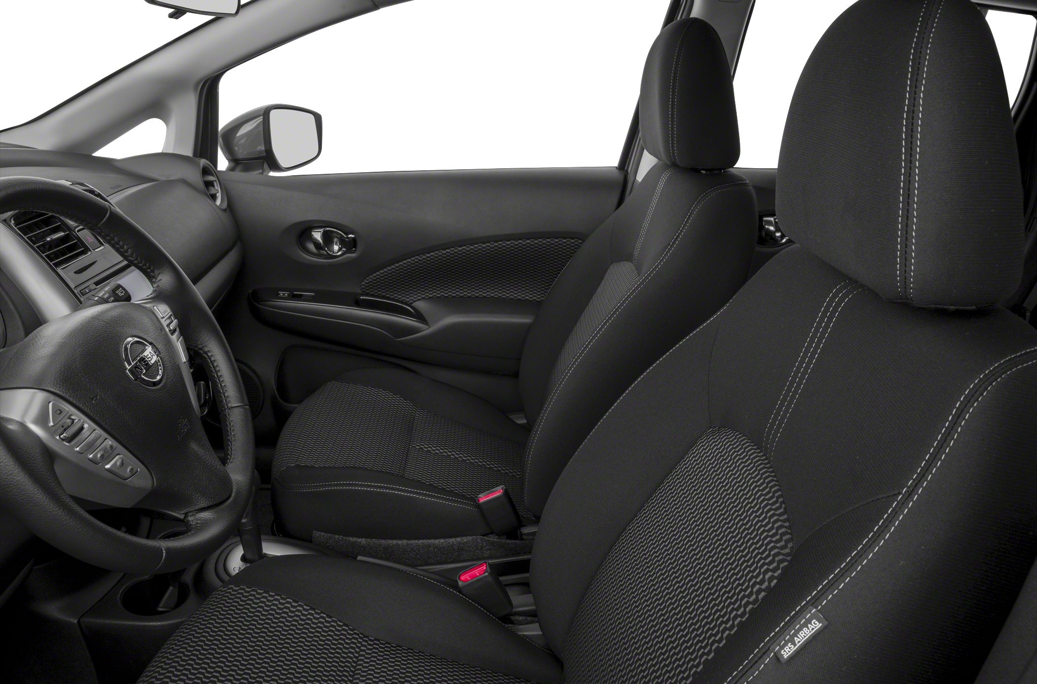 Front seats and steering wheel with detailed seat fabric and dashboard.
