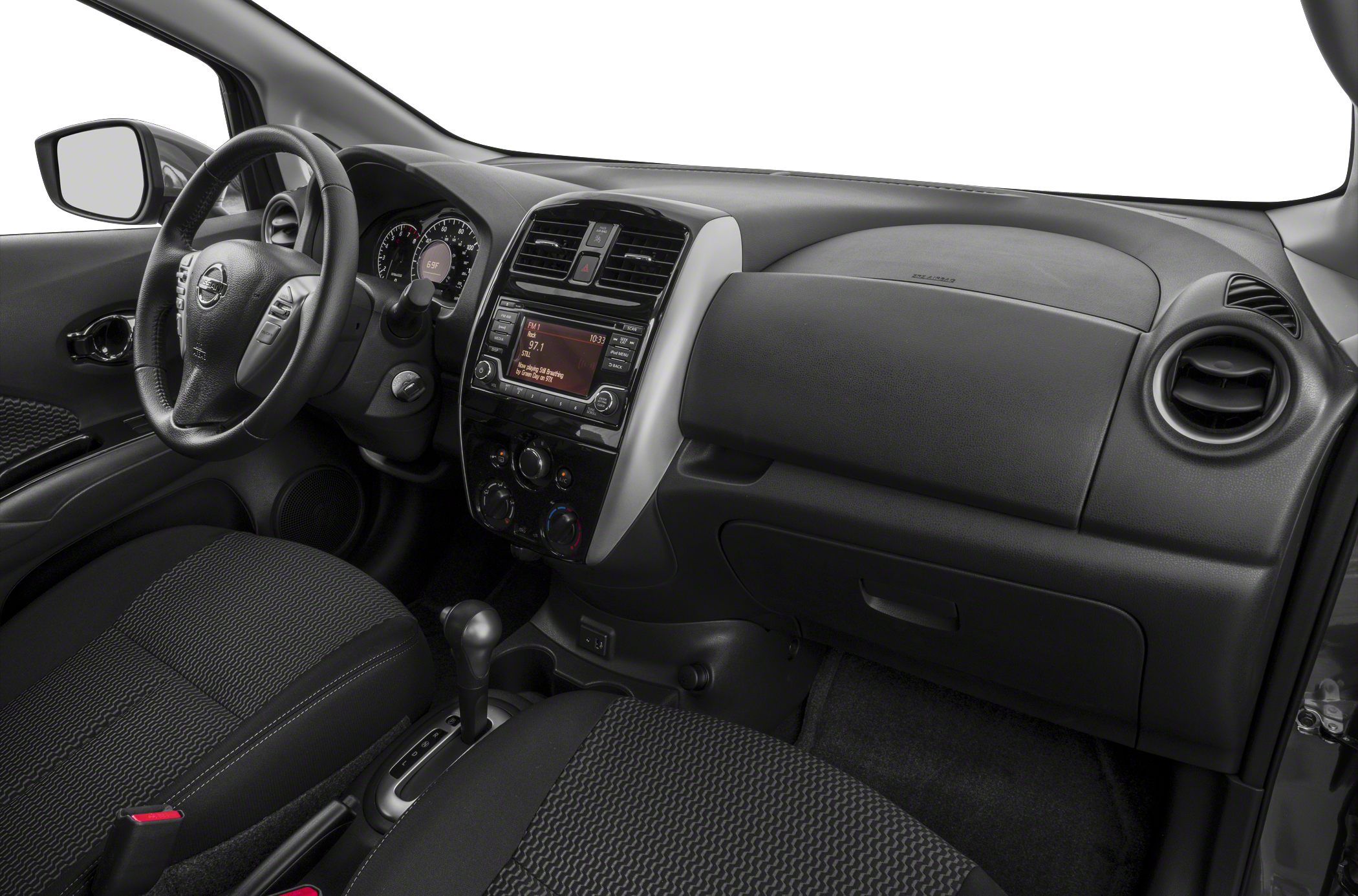 Interior dashboard and steering wheel with fabric seats