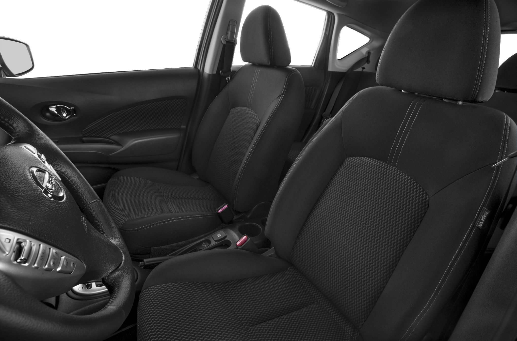 Front seats and steering wheel of a vehicle interior