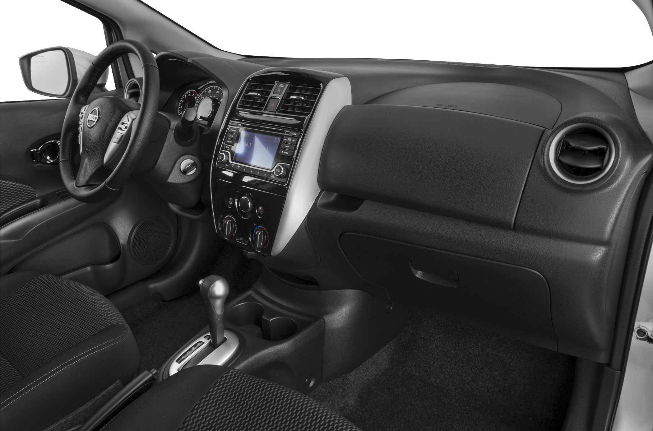 Dashboard, center console, and steering wheel in modern car interior