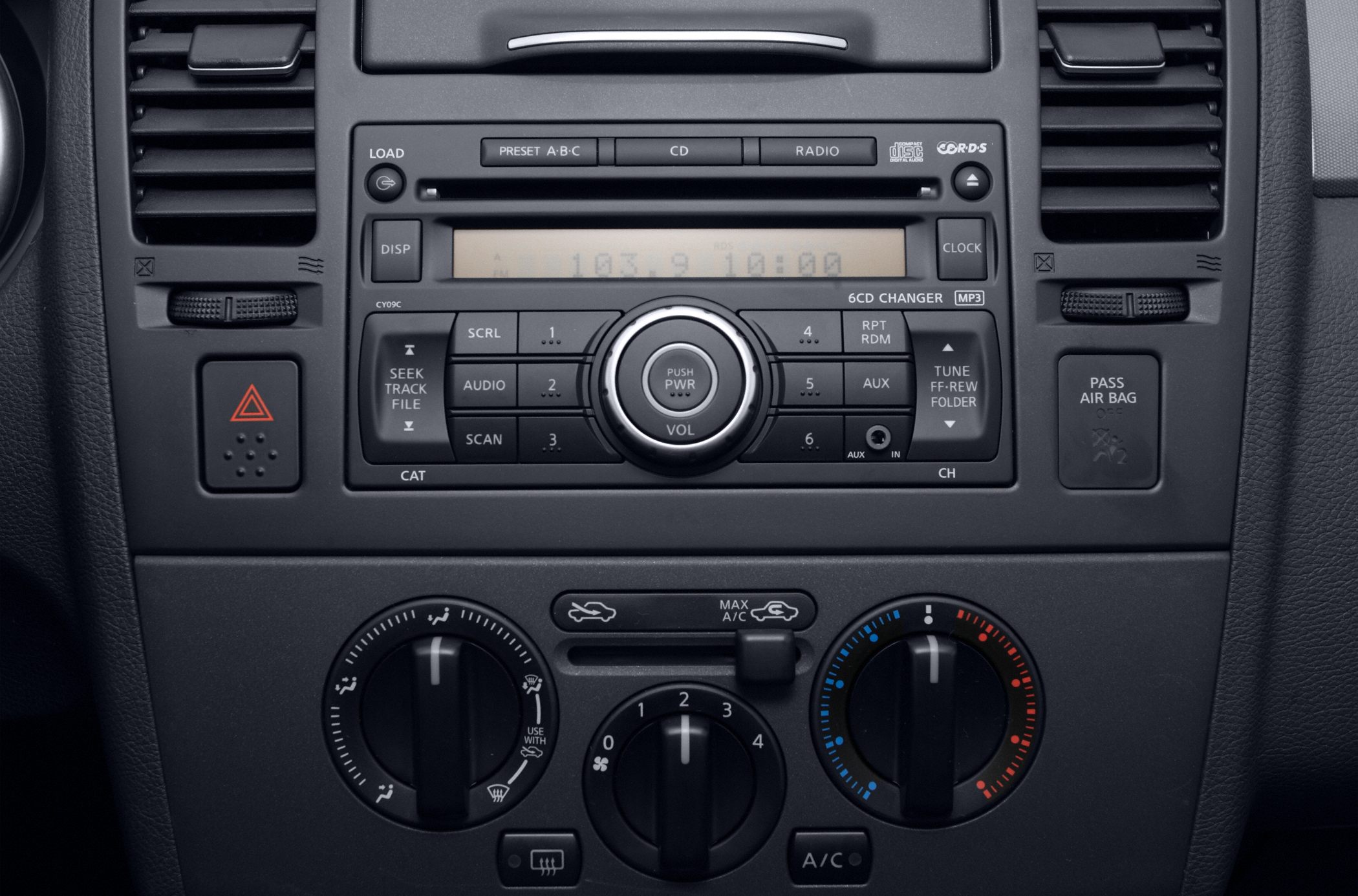 Close-up of car stereo system and climate control dials