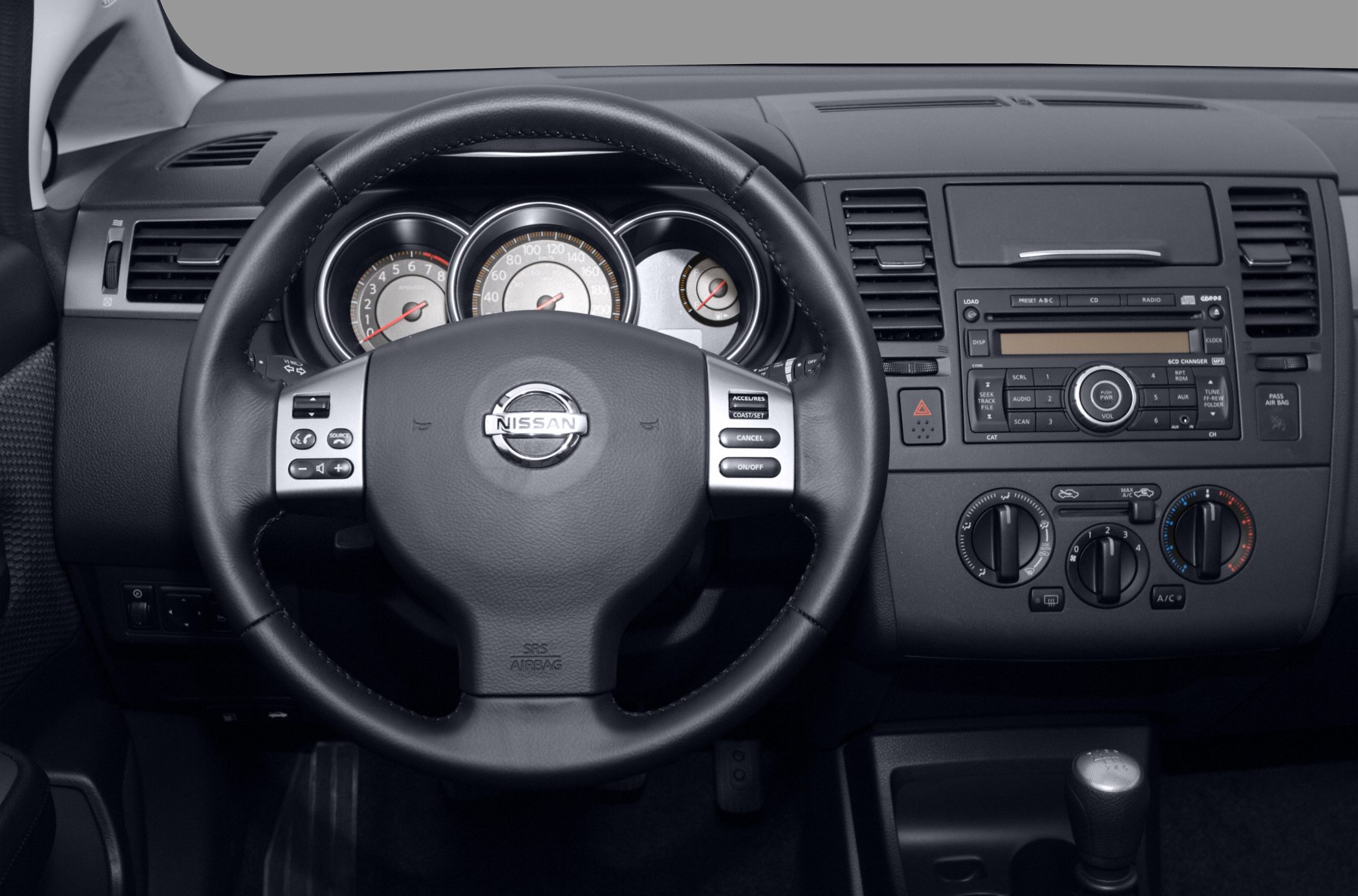 Steering wheel with instrument cluster and dashboard controls in car interior