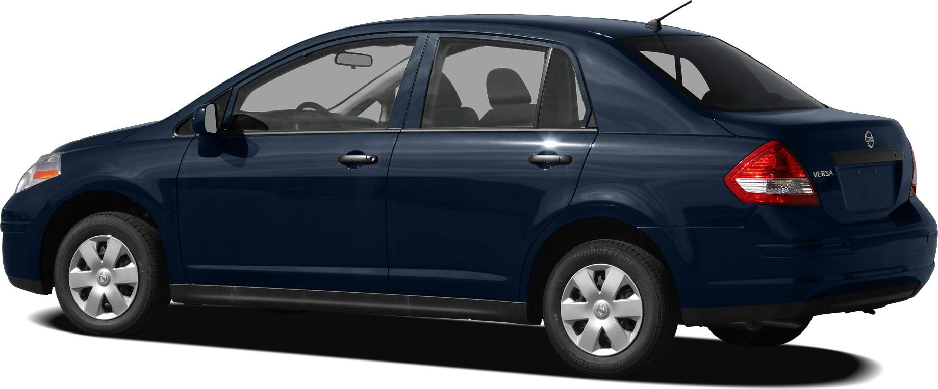 Side and rear view of dark blue four-door sedan.