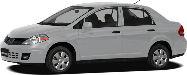 Side profile of a compact four-door sedan with basic wheel covers.