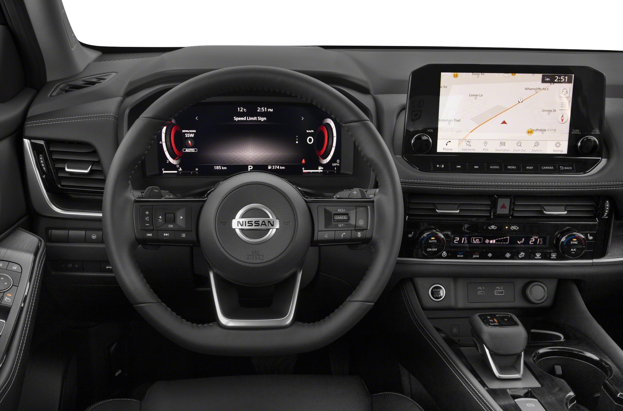 Digital instrument cluster and touchscreen infotainment display with steering wheel controls