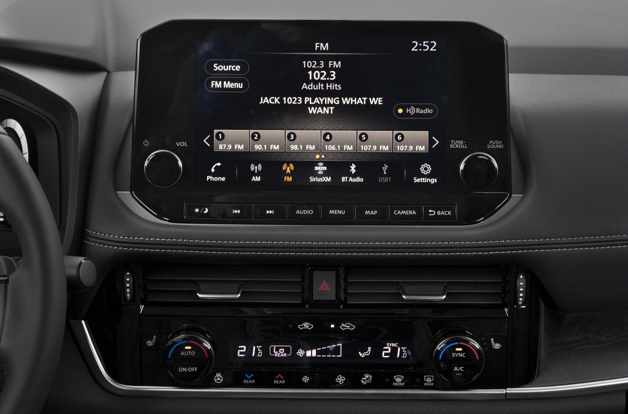 Car infotainment touchscreen with climate control panel and digital display