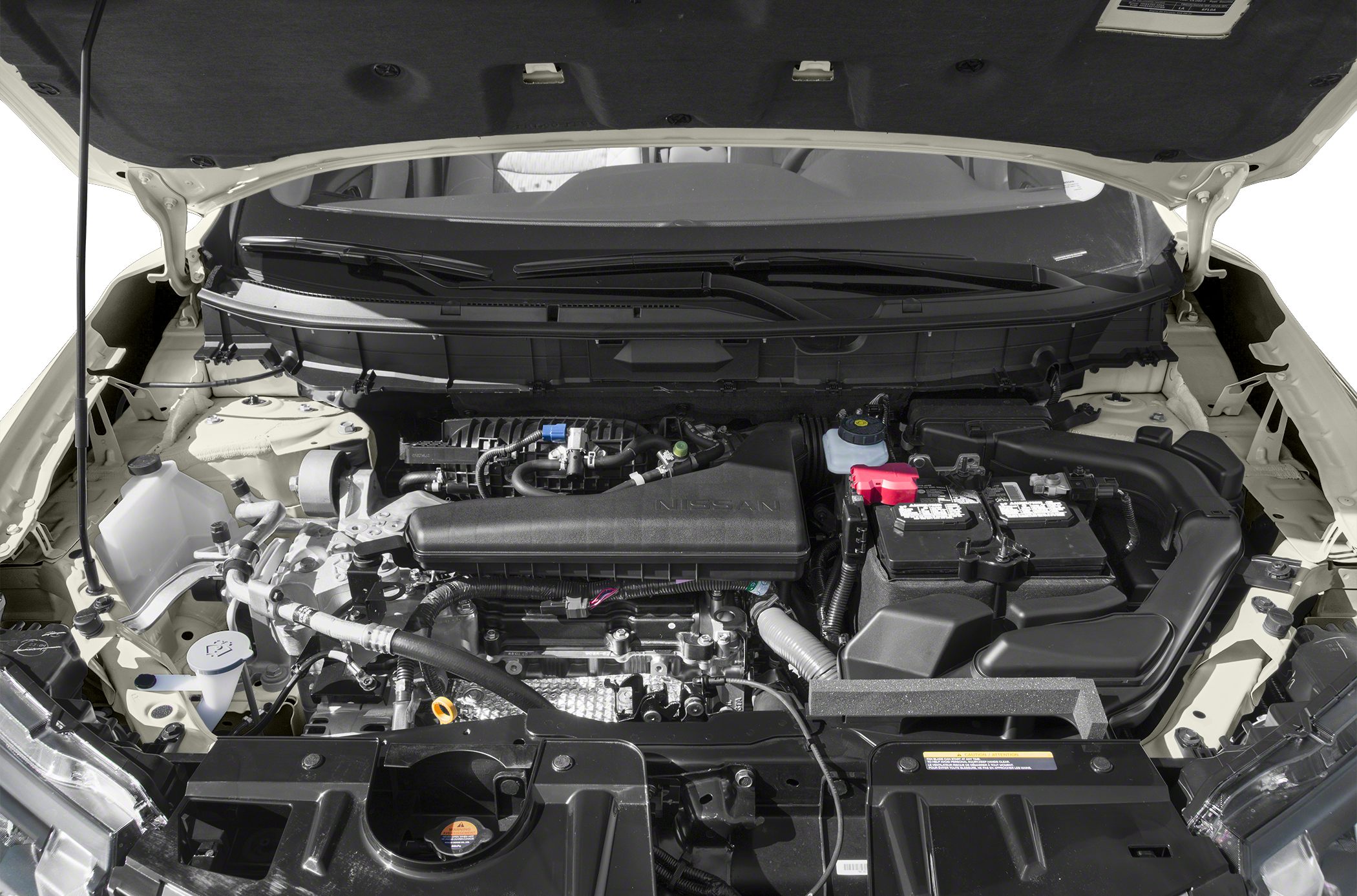 Engine compartment with battery and intake system under open hood