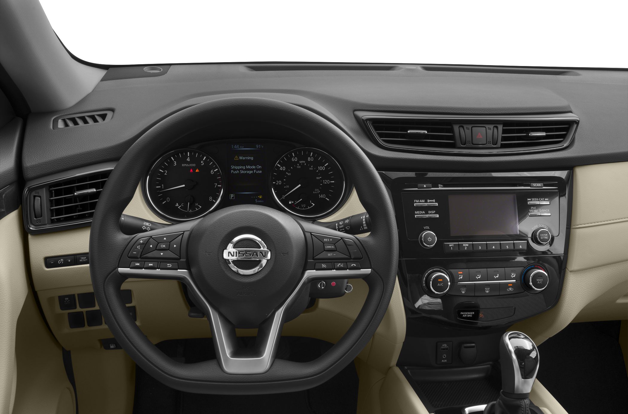 Steering wheel and dashboard with gauge cluster and center console controls