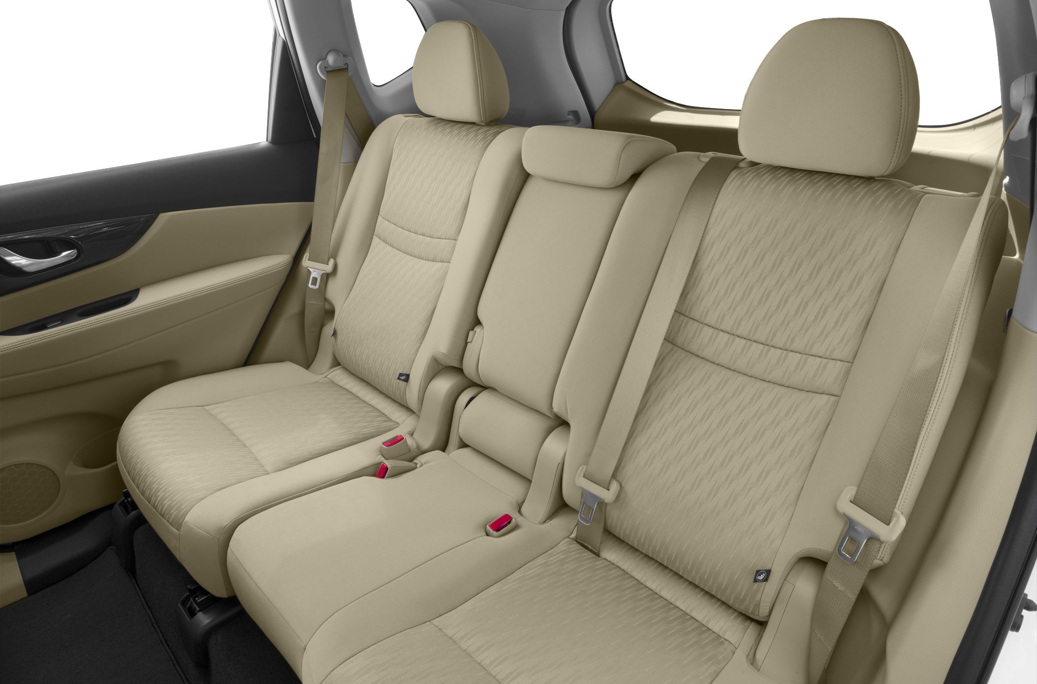Beige rear SUV seats with headrests and seatbelts.