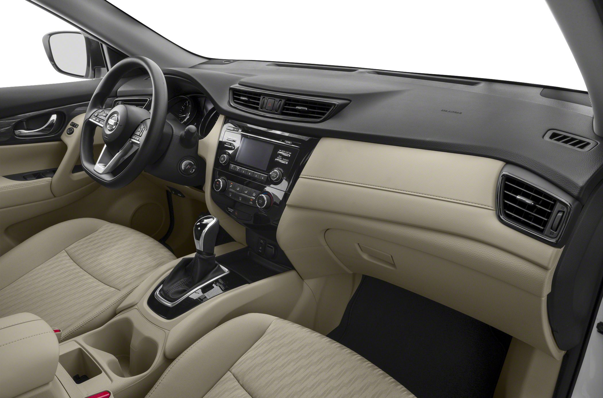 Car interior with dashboard, steering wheel, and center console
