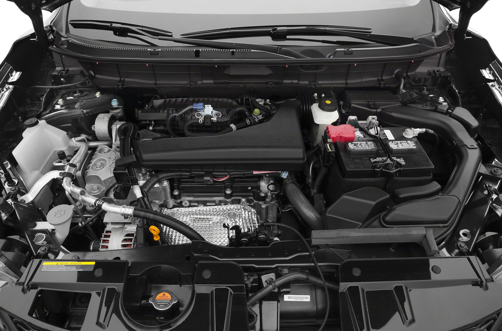 Front view of engine bay showing core engine components and battery.
