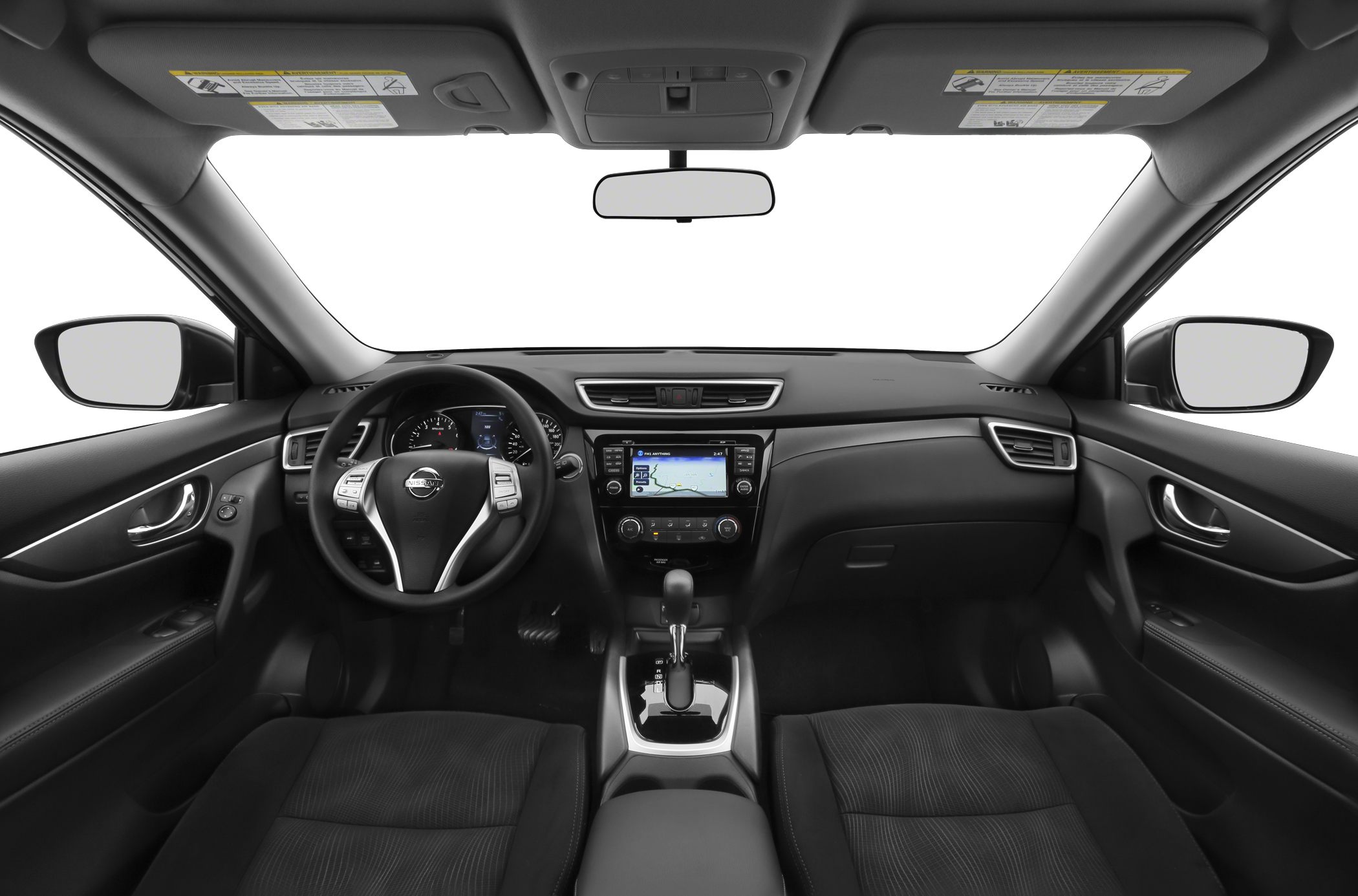 Dashboard, steering wheel, navigation display, center console interior view