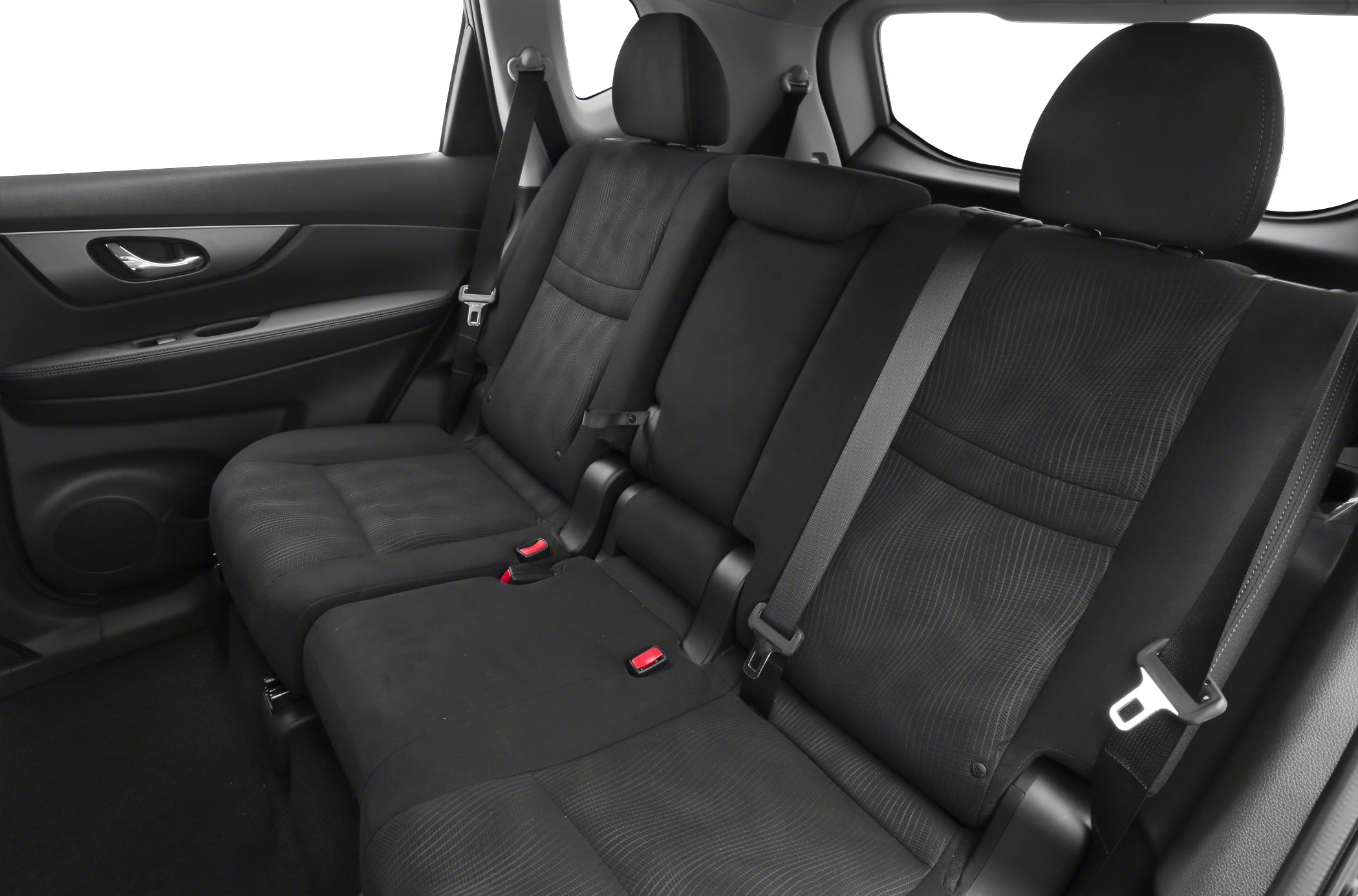 Rear fabric seats with seat belts and headrests