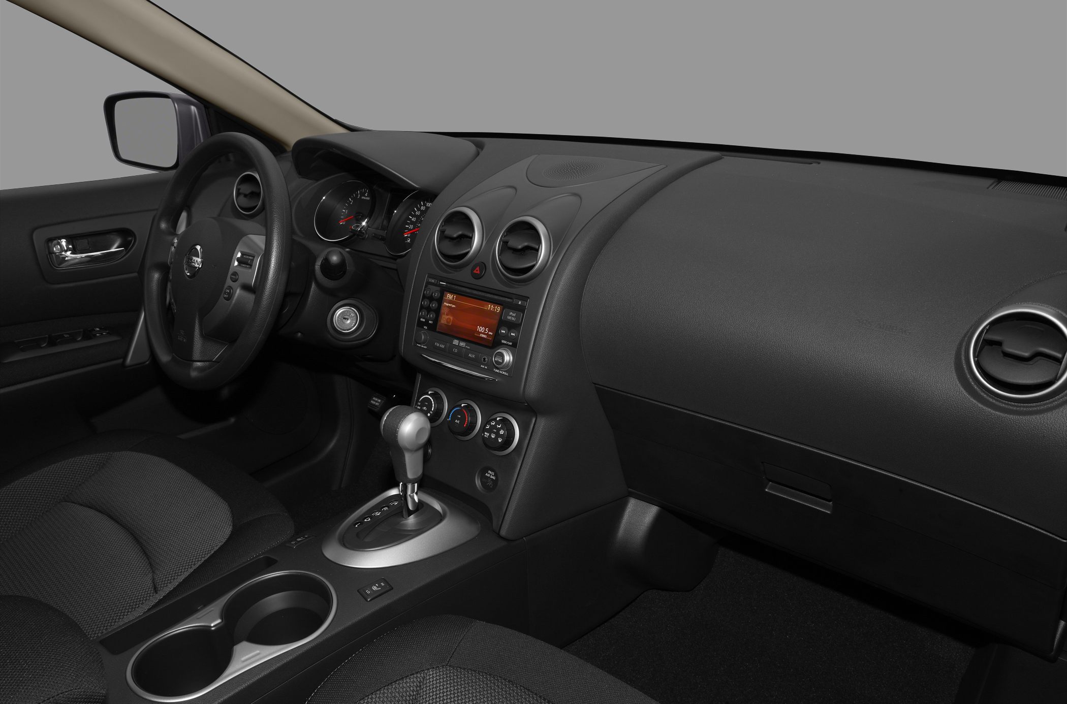 Interior dashboard and center console with steering wheel and gear shifter