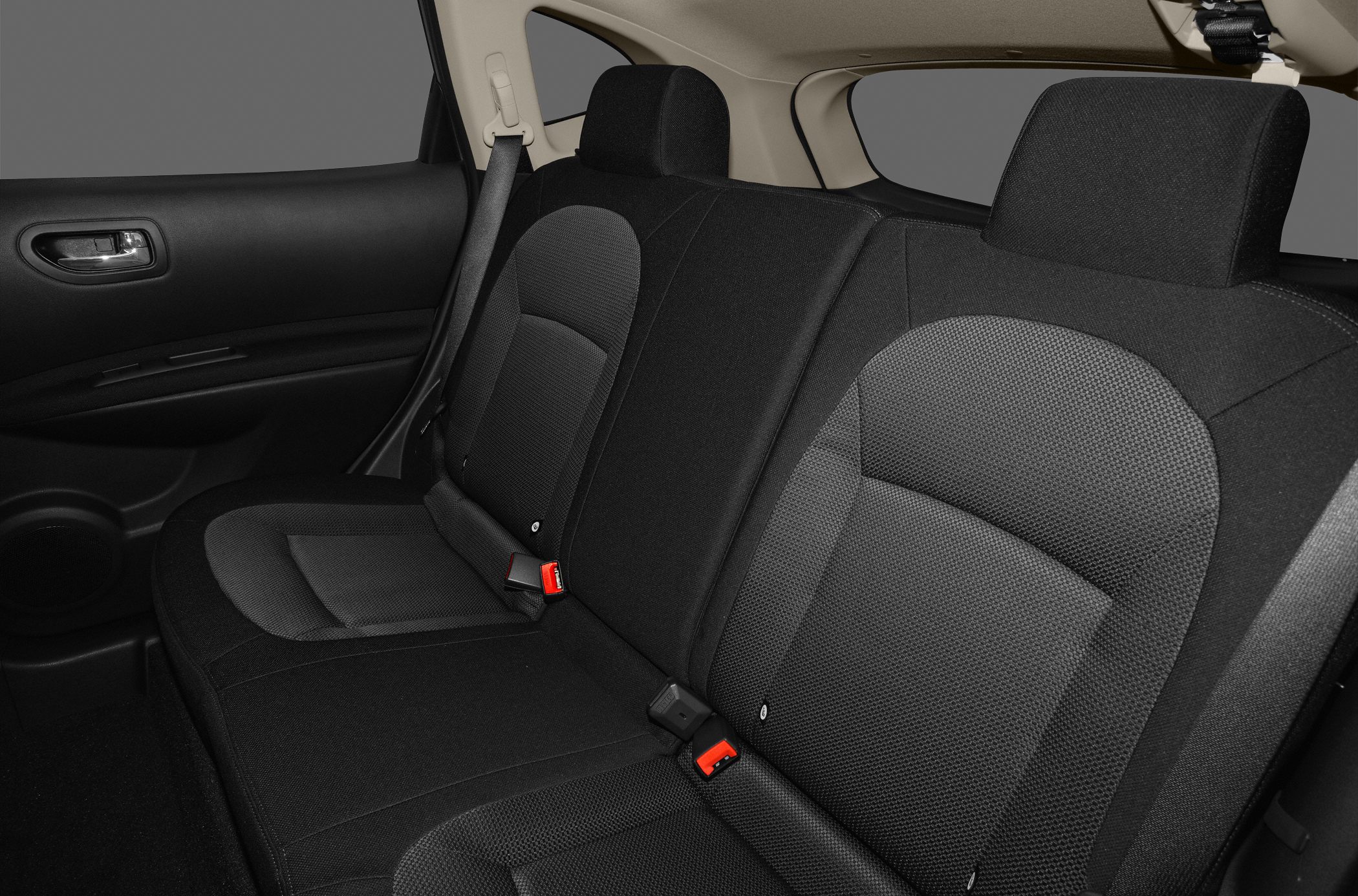 Rear seat upholstery and door panel with headrests and seat belts