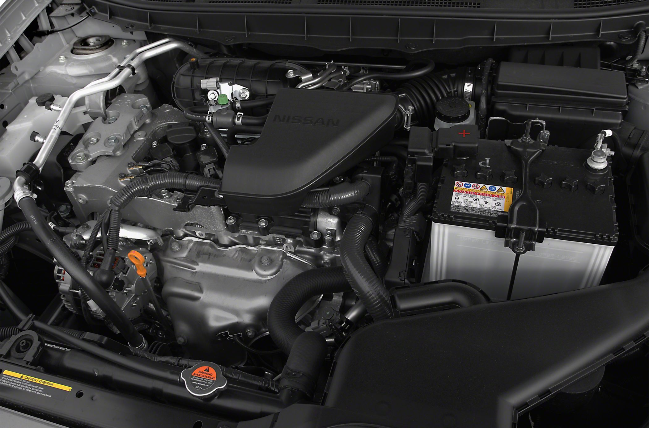 Close-up of engine bay with visible engine and battery components