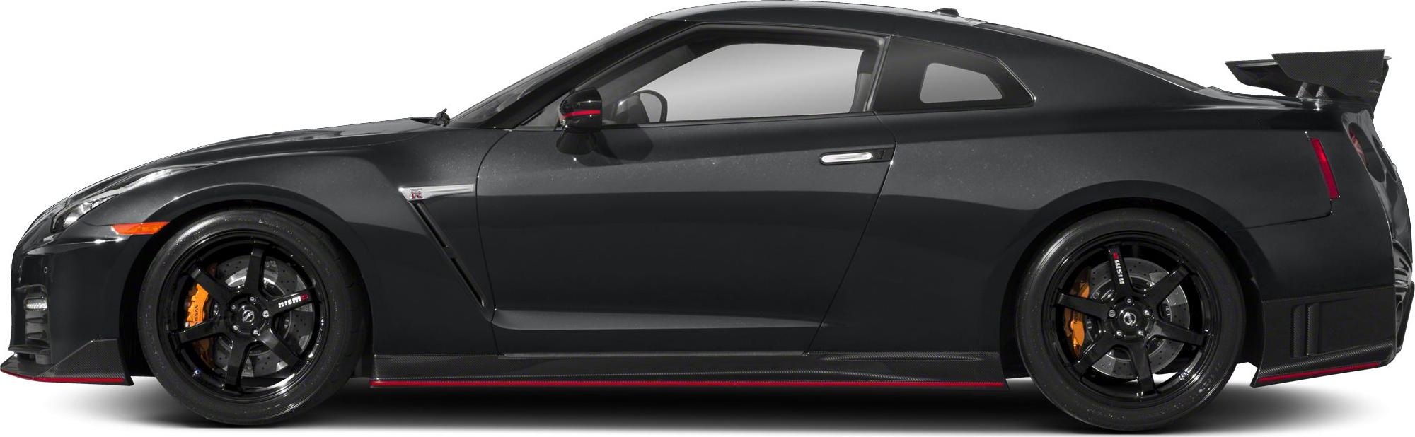 Side profile of sports coupe with black alloy wheels and carbon-fiber rear spoiler