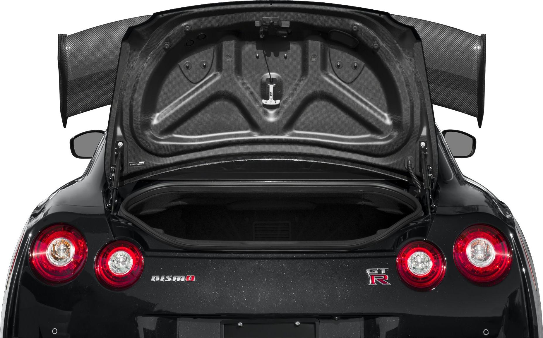 Open trunk rear view with round tail lights and carbon fiber spoiler
