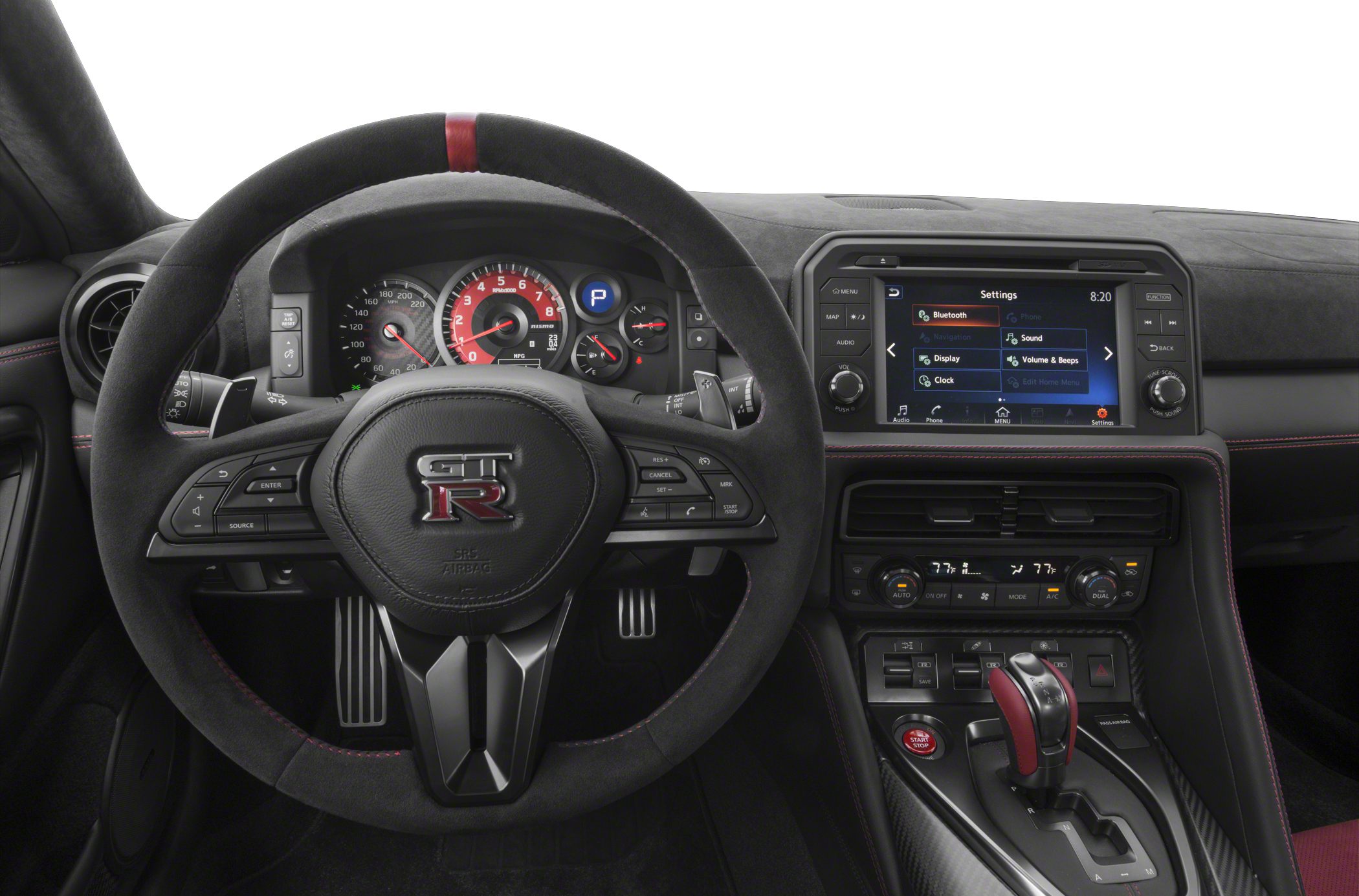 Sports car interior with GT-R logo steering wheel and digital dashboard display