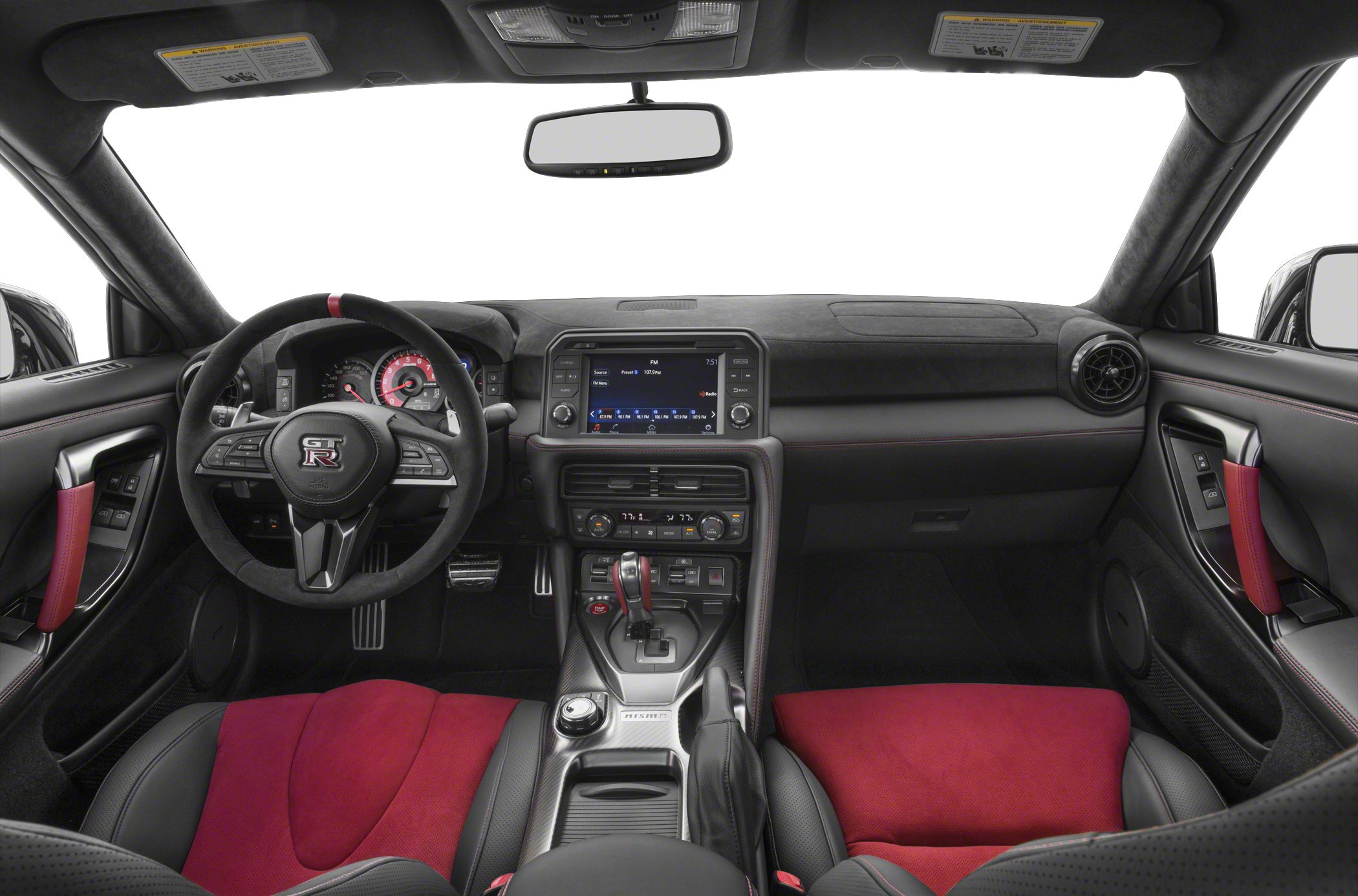 Sporty red and black interior with digital dashboard and advanced controls